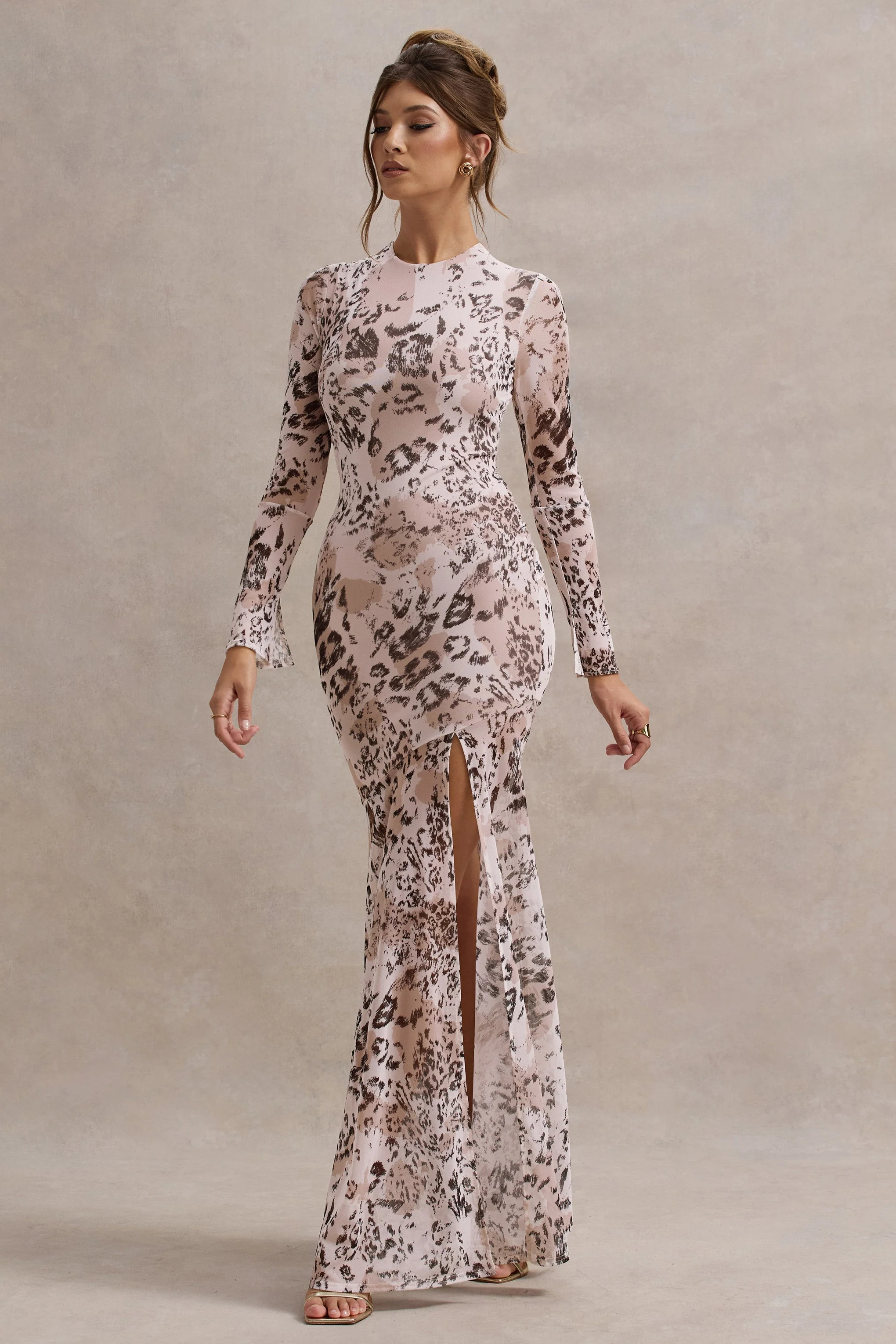 Leopard Print Mesh Long-Sleeve Open-Back Maxi Dress
