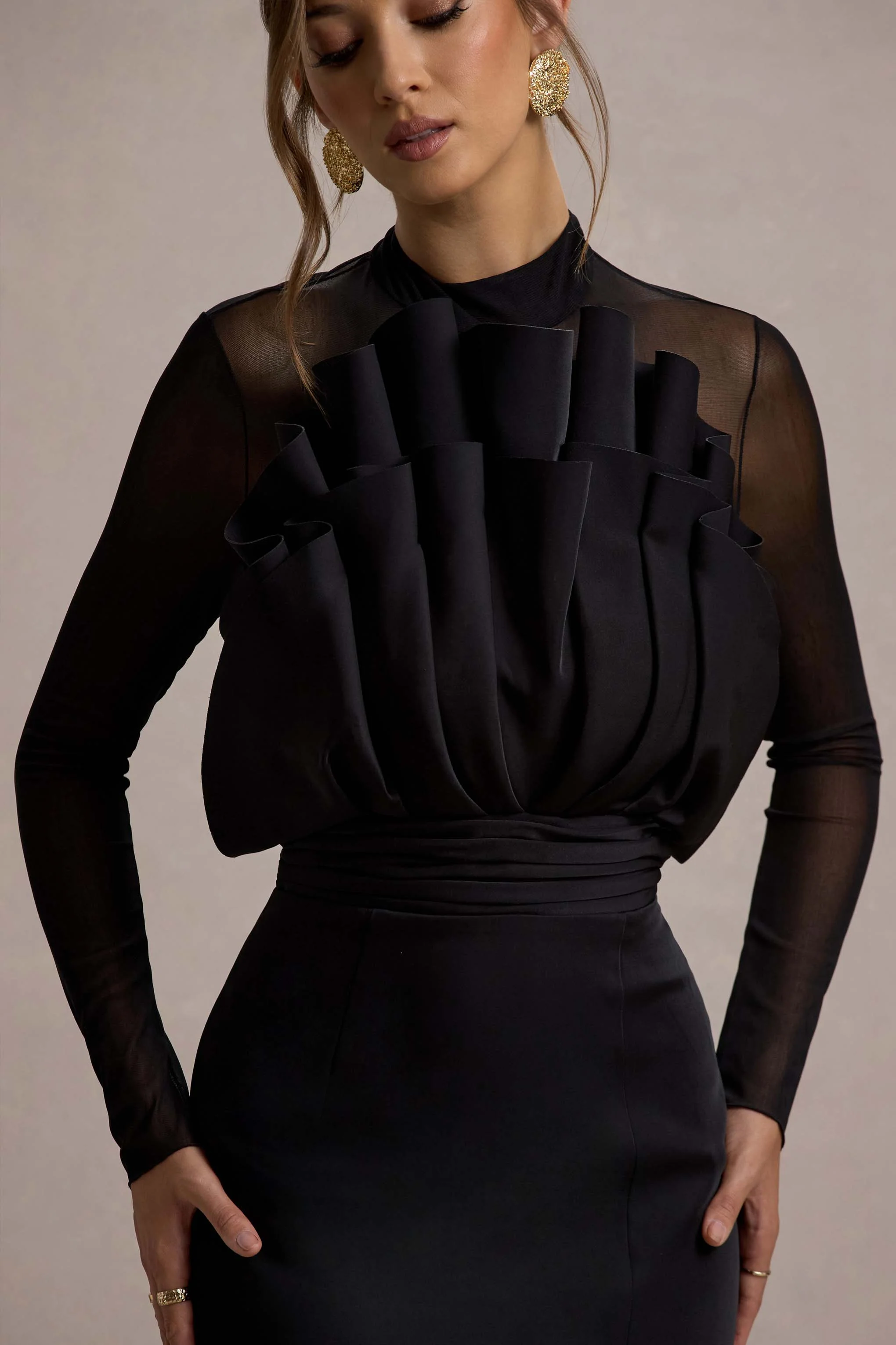 Black Mesh Long-Sleeve Ruffled Split Maxi Dress