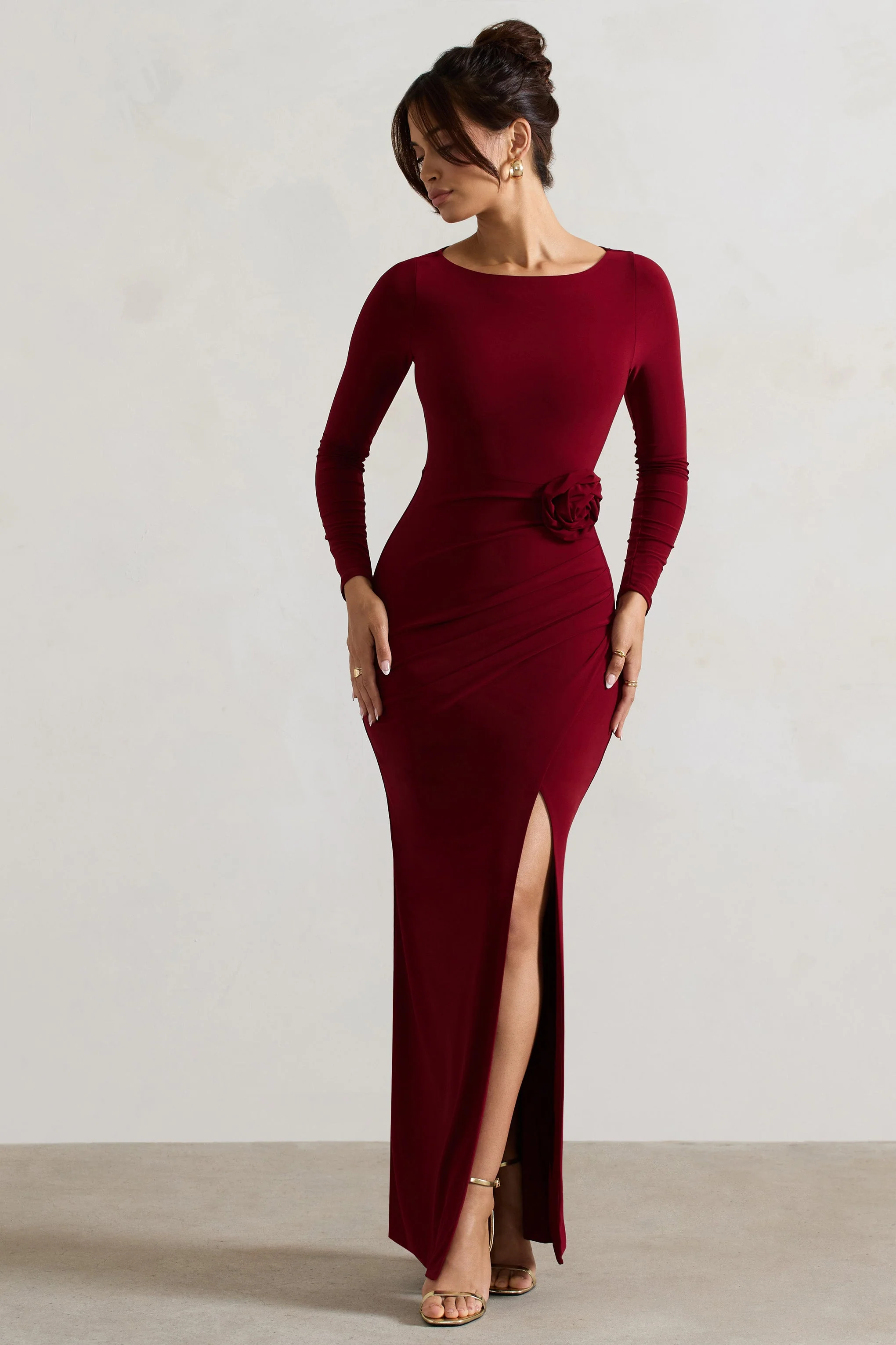 Berry Long-Sleeve Wrap Maxi Dress With Corsages