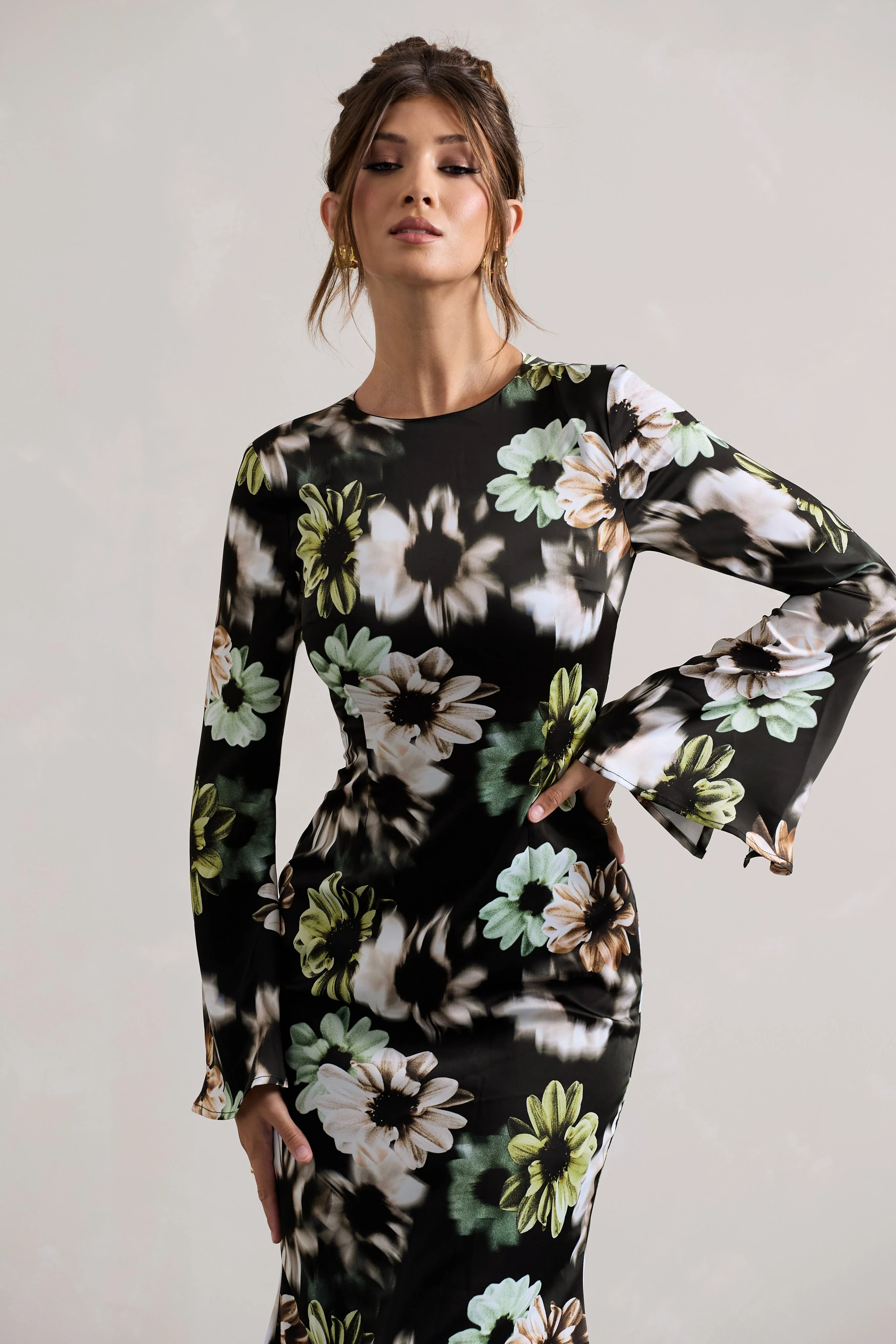Black Floral Print Satin Long-Sleeve Midi Dress