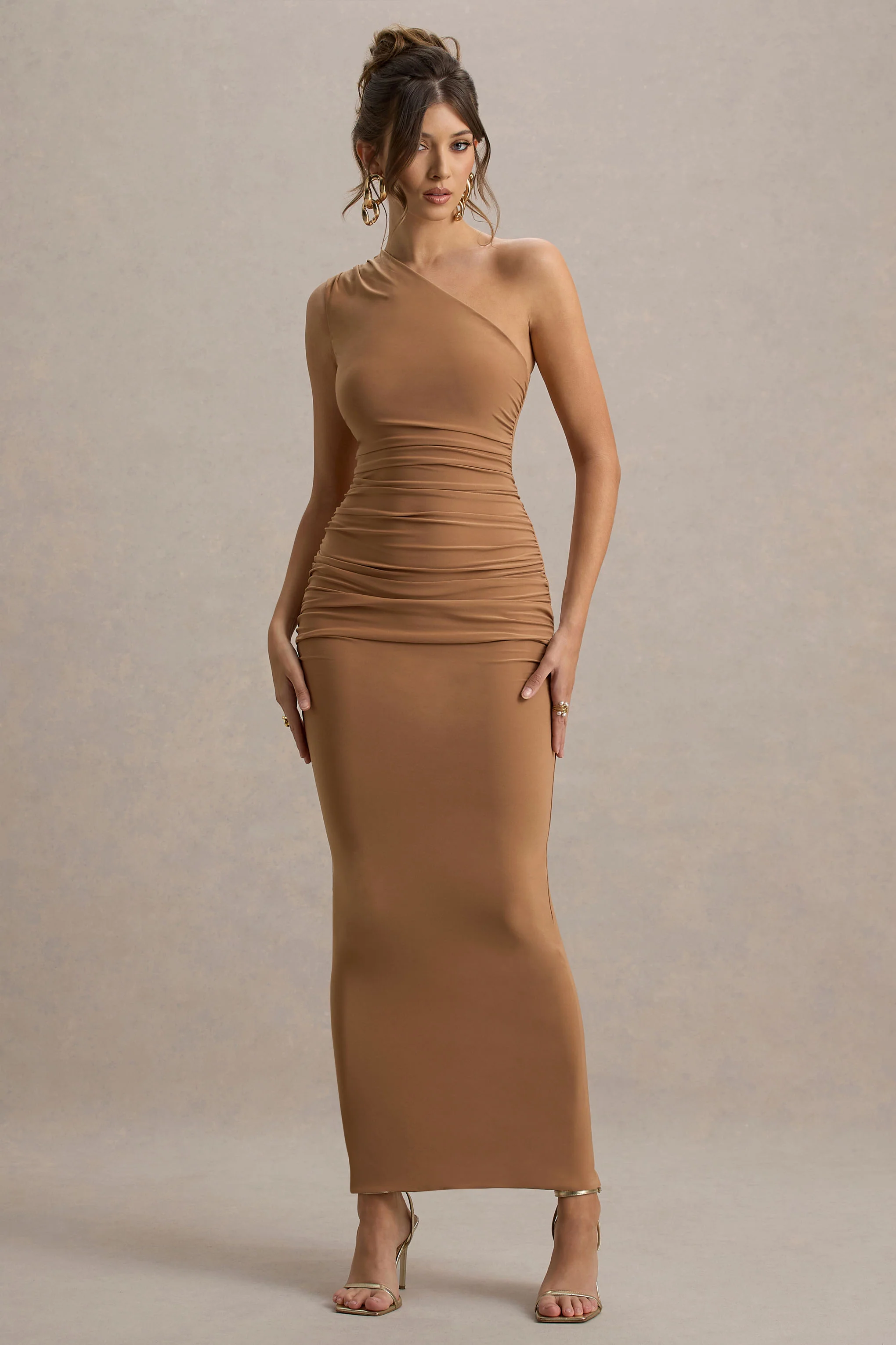 Brown One-Shoulder Gathered Maxi Dress