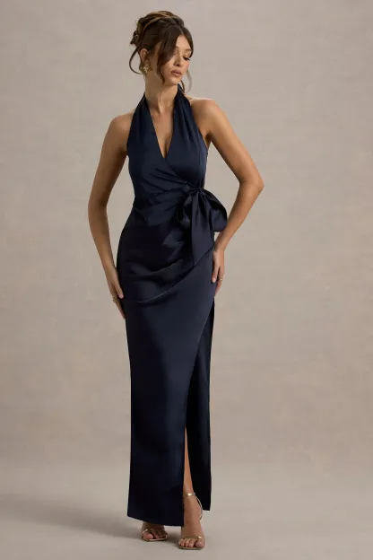 Navy Satin Plunge-Neck Wrap Maxi Dress