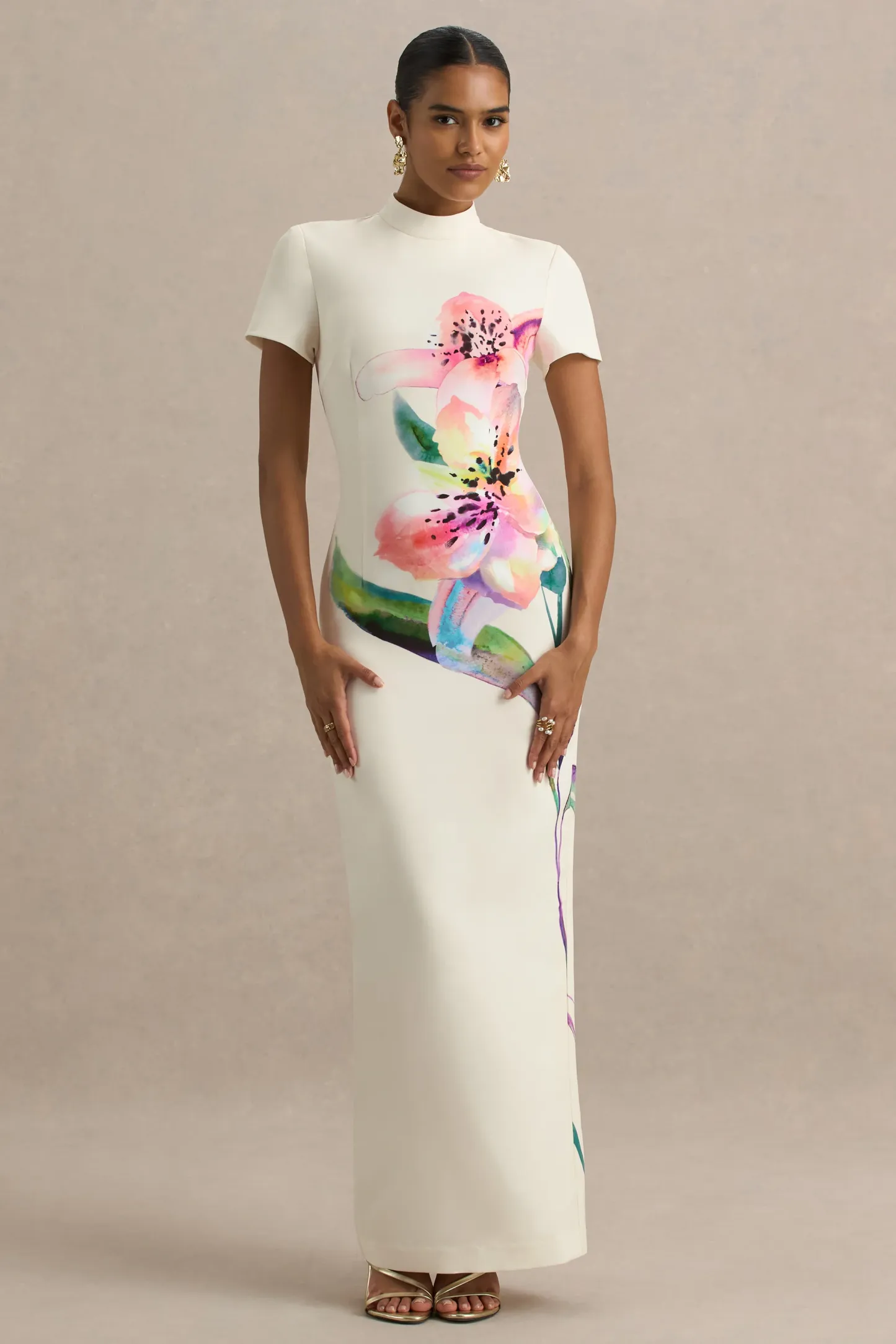 White Lily Print High-Neck Maxi Dress