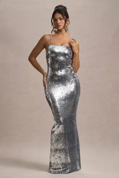 Silver Sequin Strappy Maxi Dress