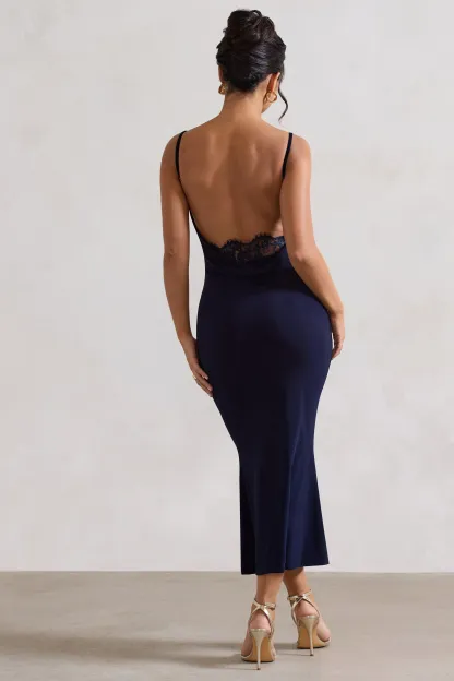 Navy Cowl-Neck Open-Back Midi Dress With Lace