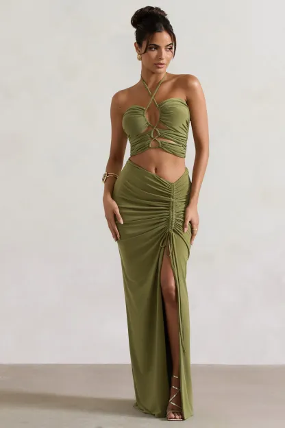 Olive Ruched Split Maxi Skirt