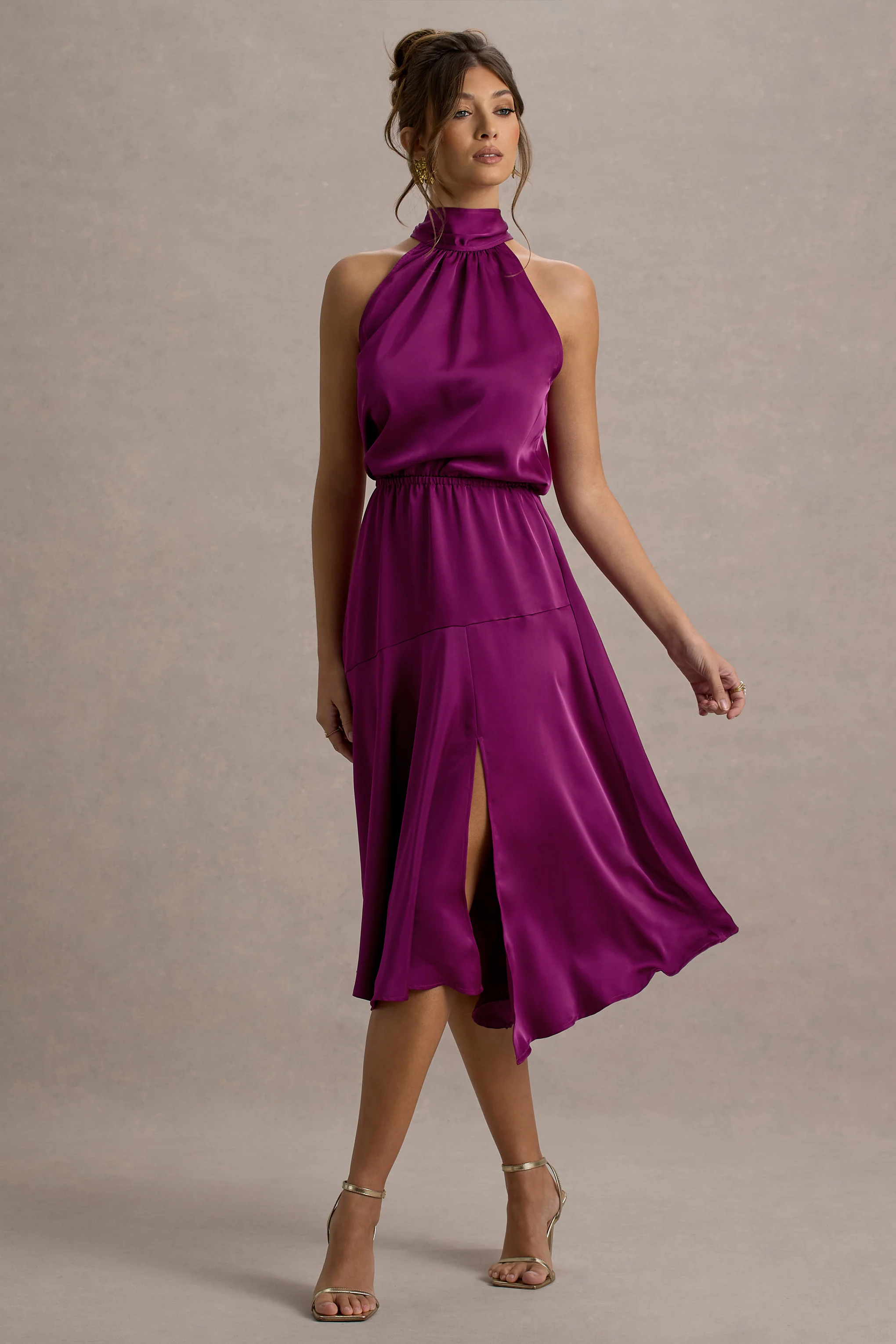 Dark Pink Satin High-Neck Split Midi Dress
