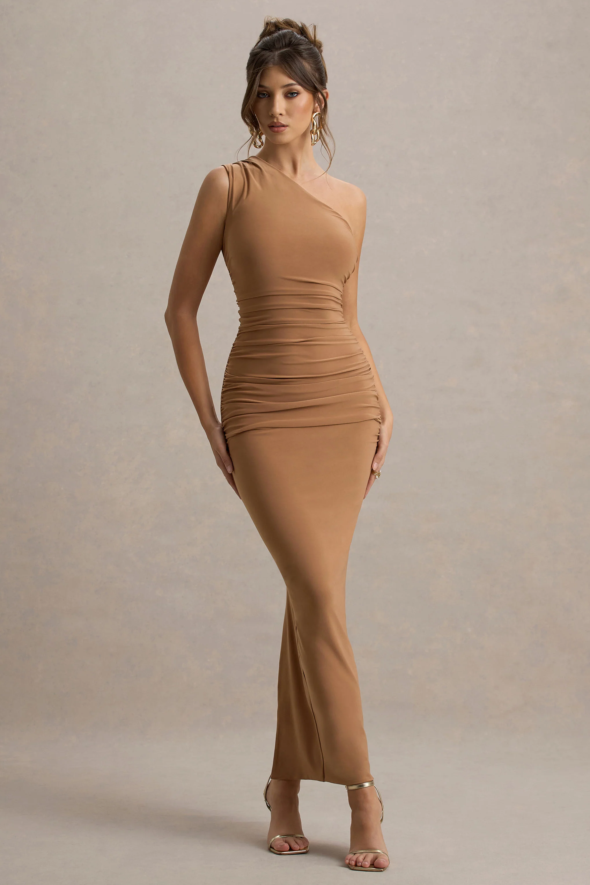 Brown One-Shoulder Gathered Maxi Dress
