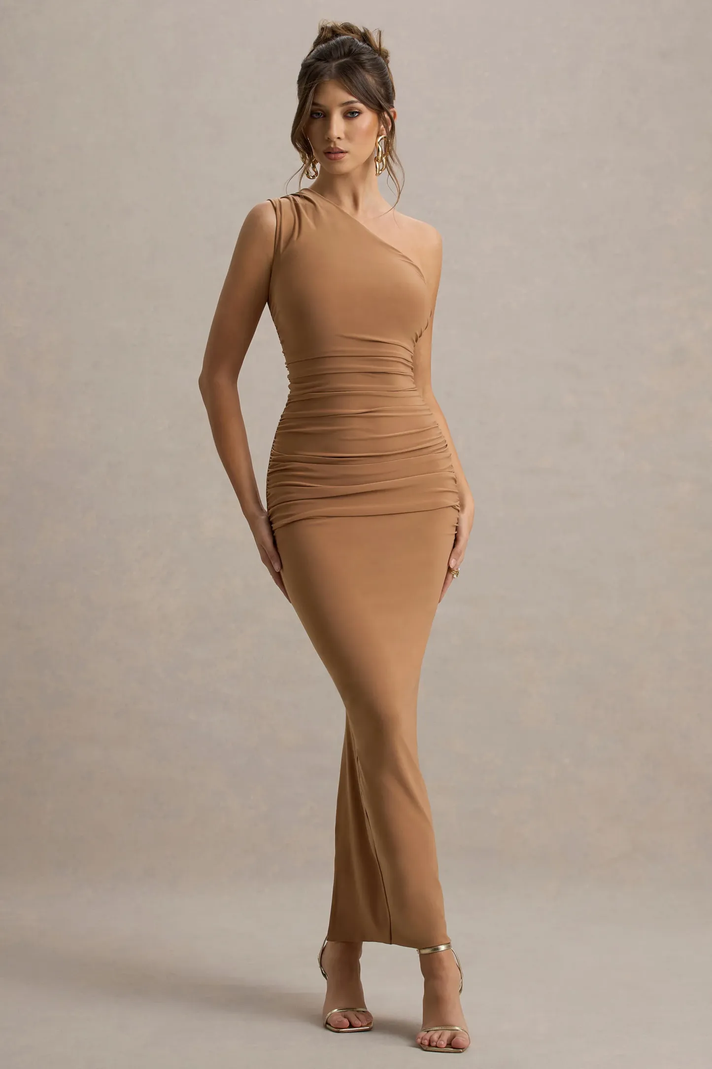 Brown One-Shoulder Gathered Maxi Dress