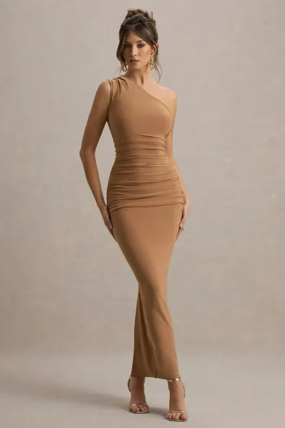 Brown One-Shoulder Gathered Maxi Dress