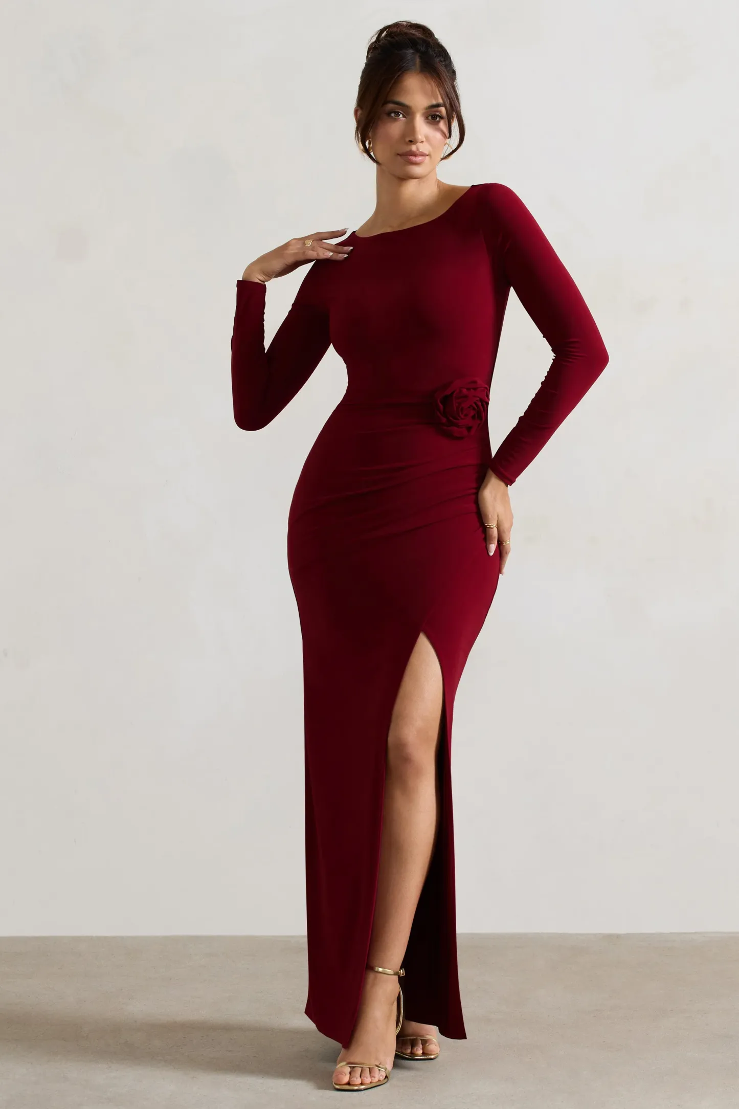 Berry Long-Sleeve Wrap Maxi Dress With Corsages