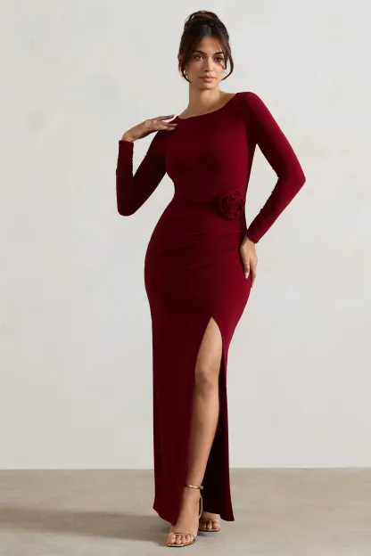 Berry Long-Sleeve Wrap Maxi Dress With Corsages