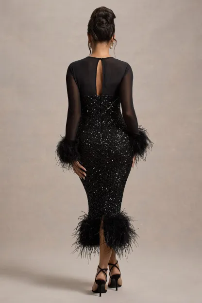 Black Sequin Long-Sleeve Midi Dress With Feather Trims