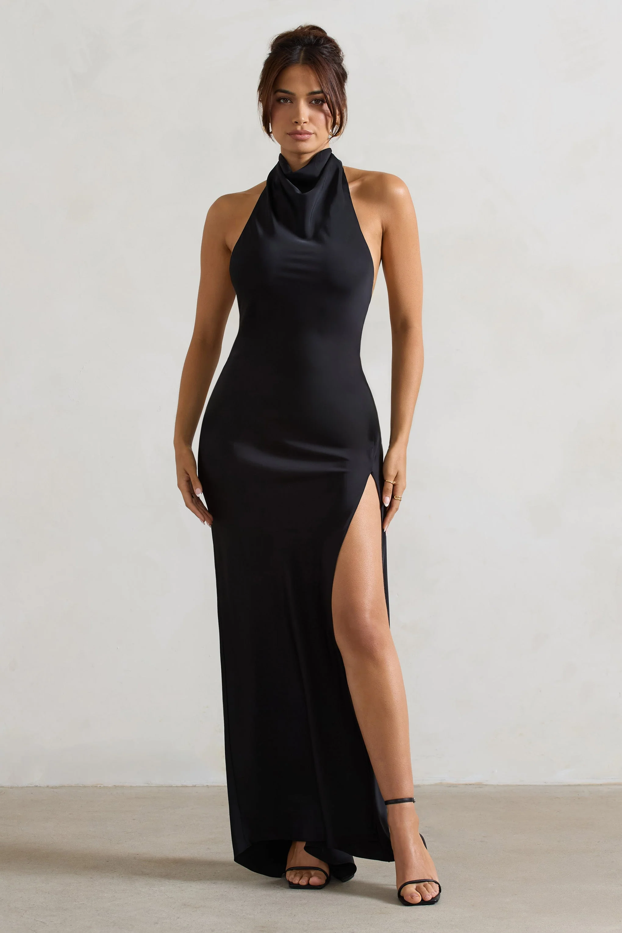 Black Cowl Halter-Neck Open Back Maxi Dress
