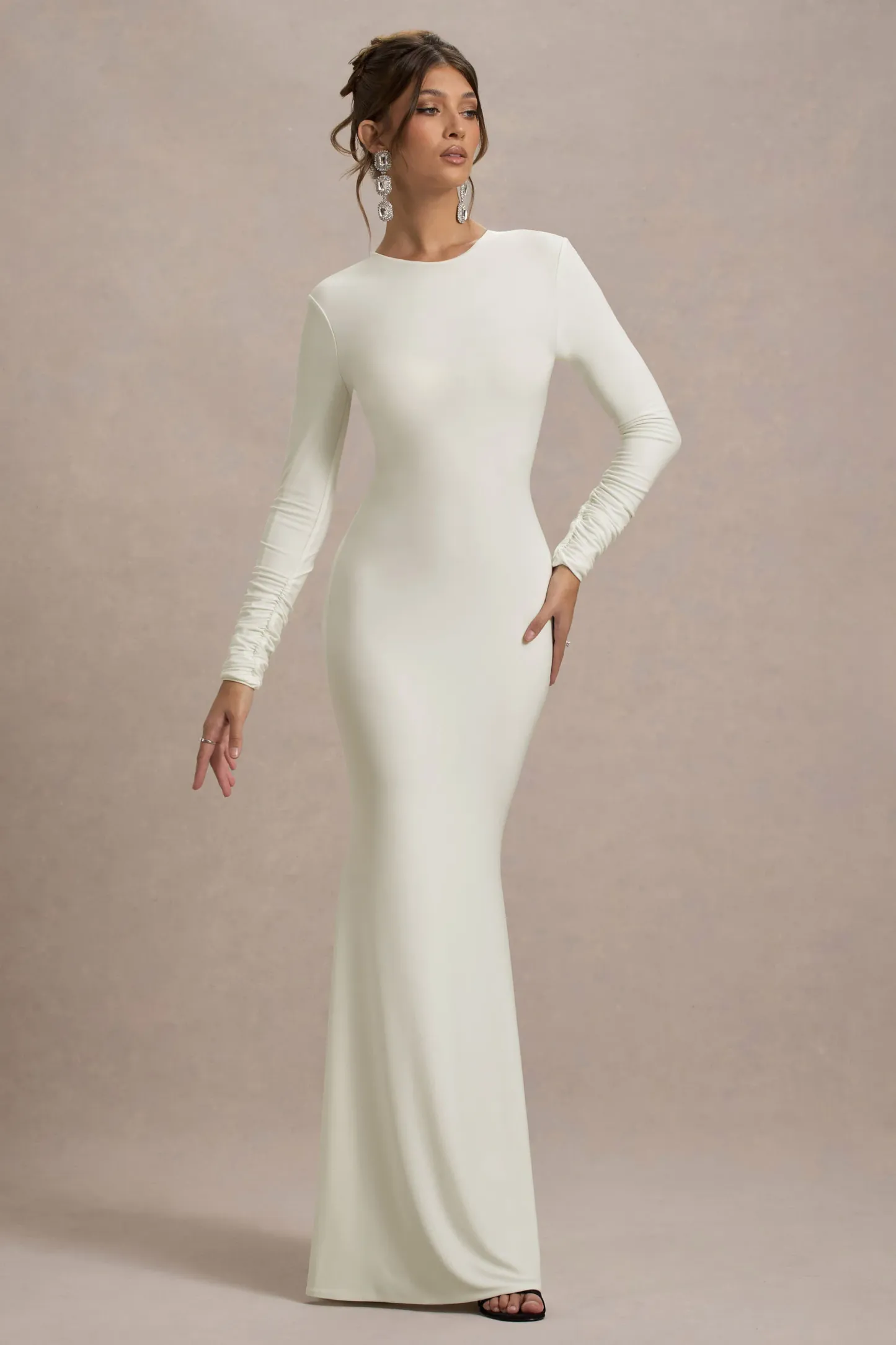 Cream Long-Sleeve Cowl-Back Maxi Dress With Bows