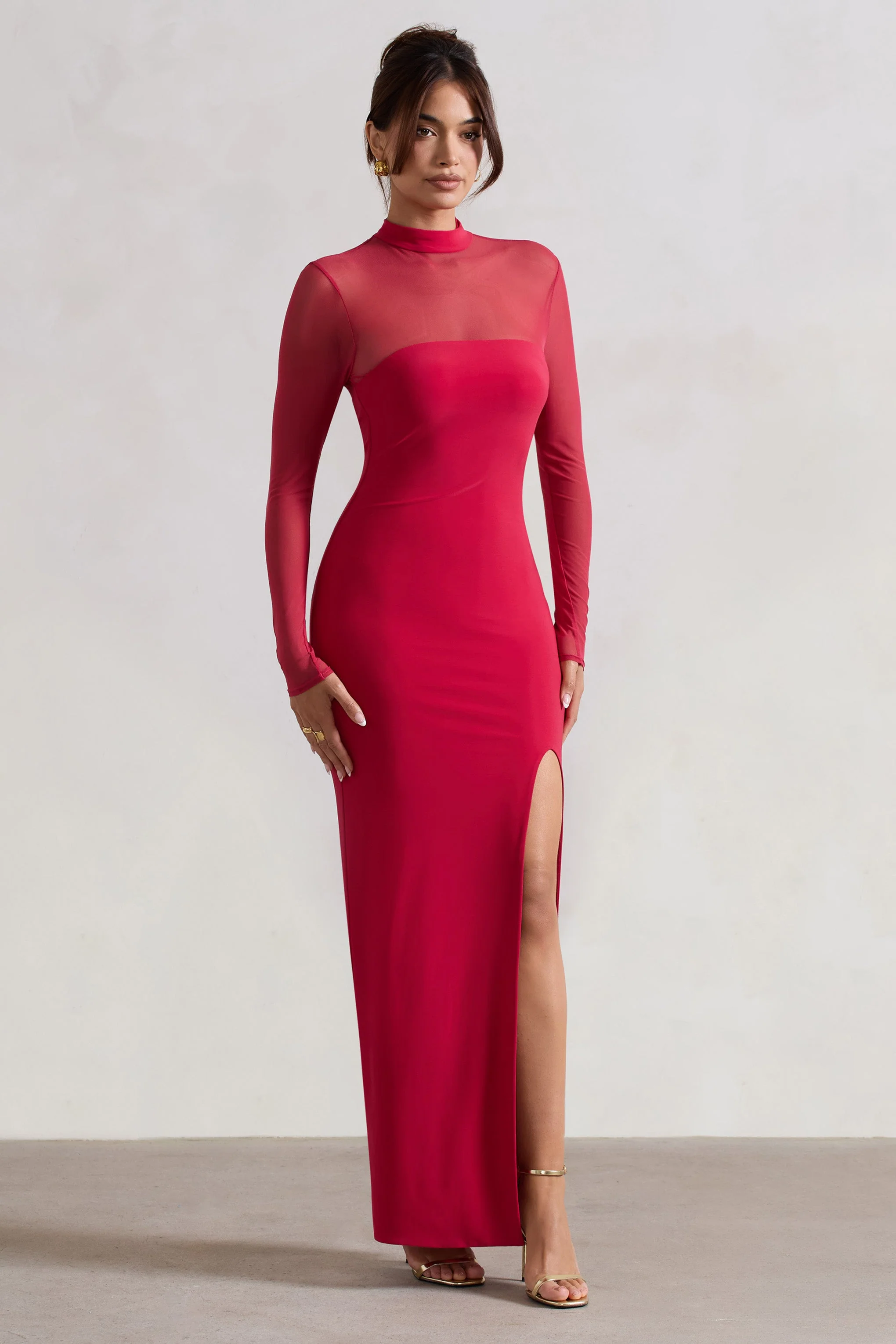 Red High-Neck Split Maxi Dress With Mesh Sleeves