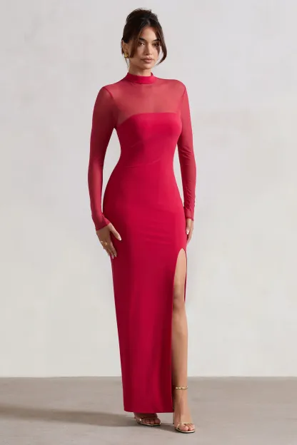 Red High-Neck Split Maxi Dress With Mesh Sleeves