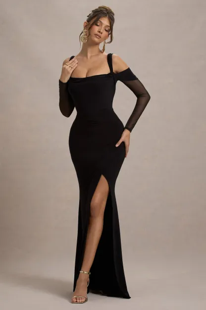 Black Square-Neck Draped Wrap Maxi Dress With Long Sleeves