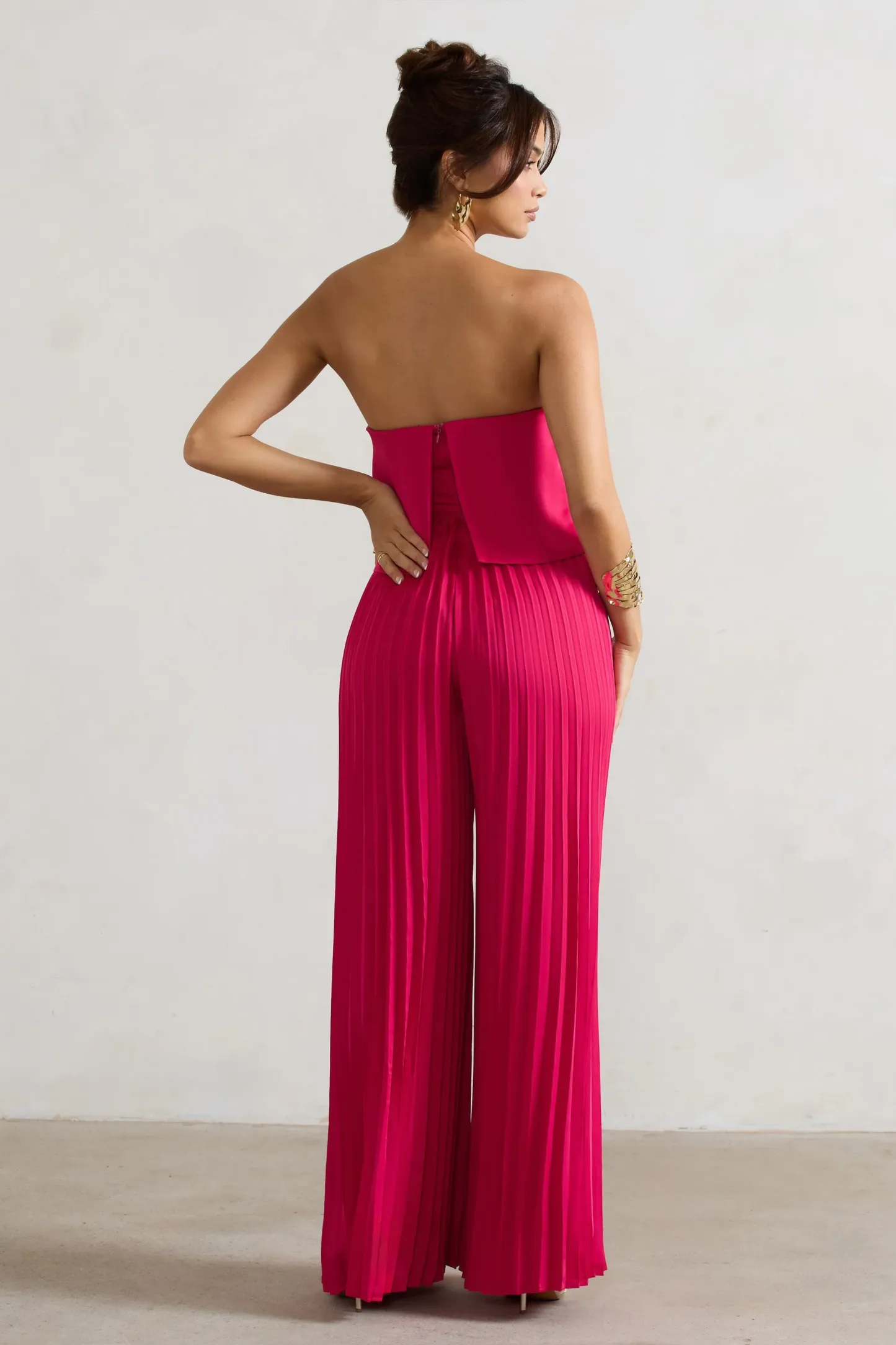 Dark Pink Satin Strapless Plisse Wide-Leg Jumpsuit