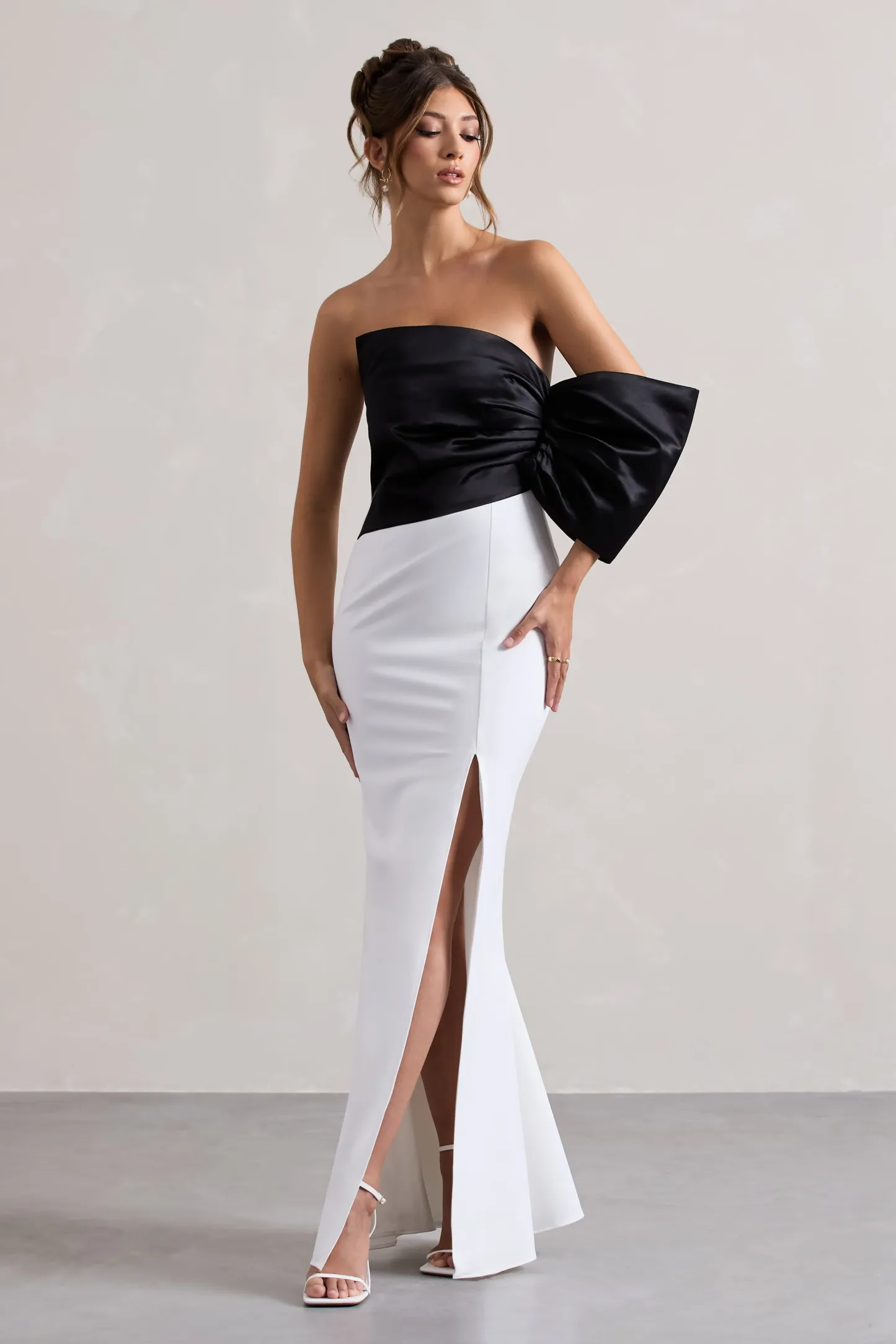 Black & White Asymmetric One-Sleeve Split Maxi Dress