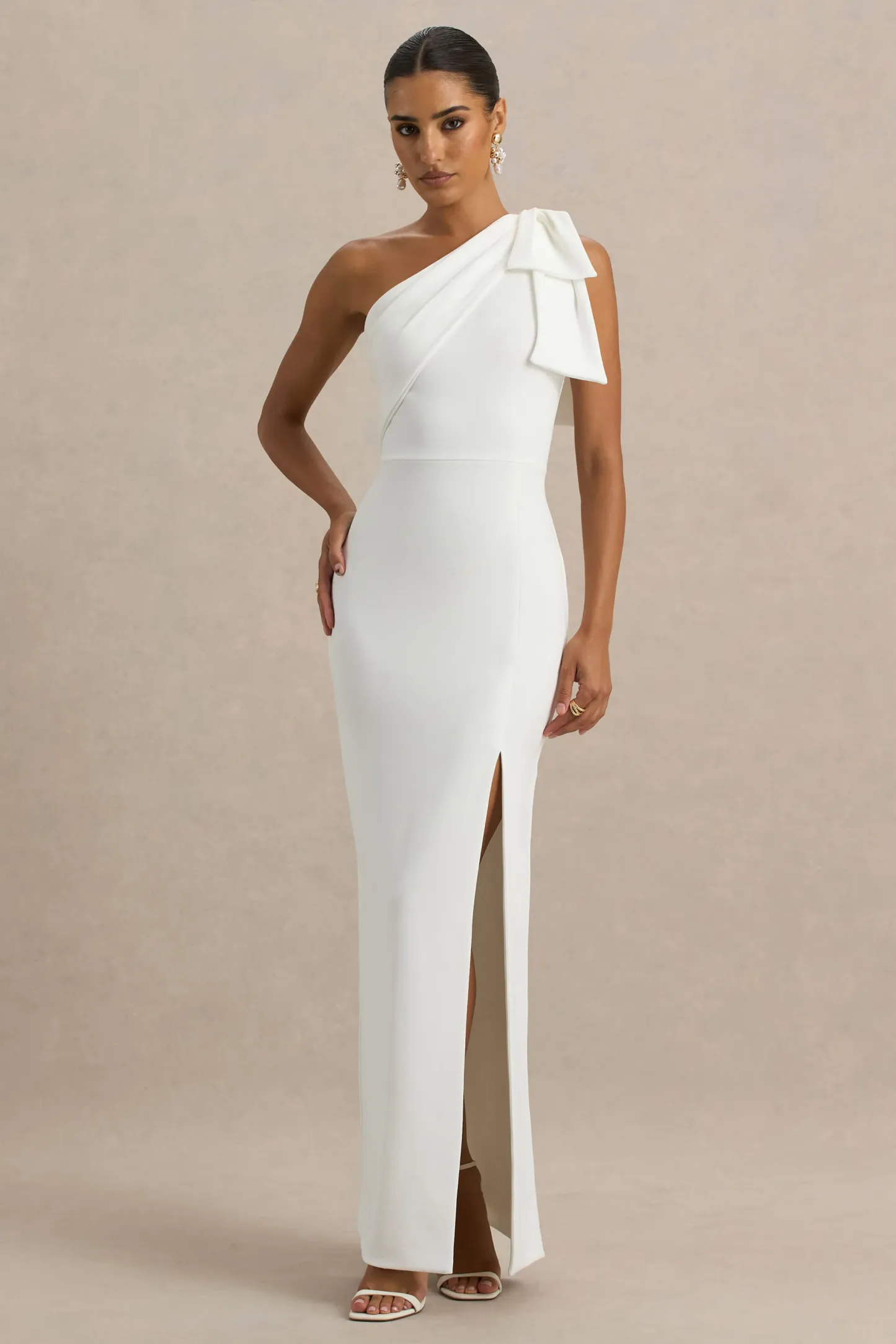 White One-Shoulder Bow Maxi Dress