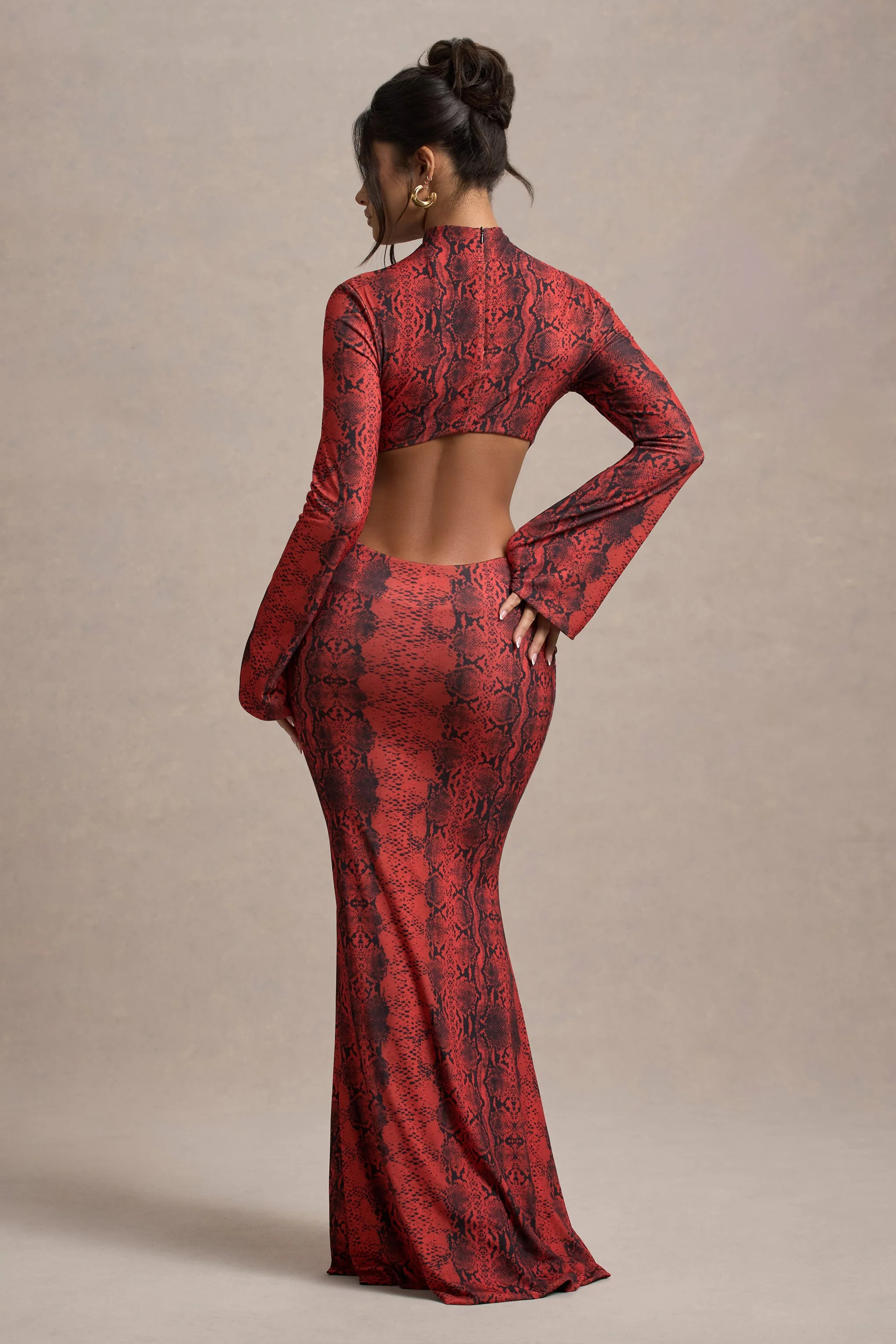 Red Snake Print High-Neck Cut-Out Maxi Dress