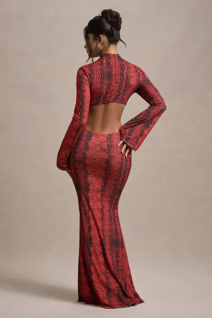 Red Snake Print High-Neck Cut-Out Maxi Dress