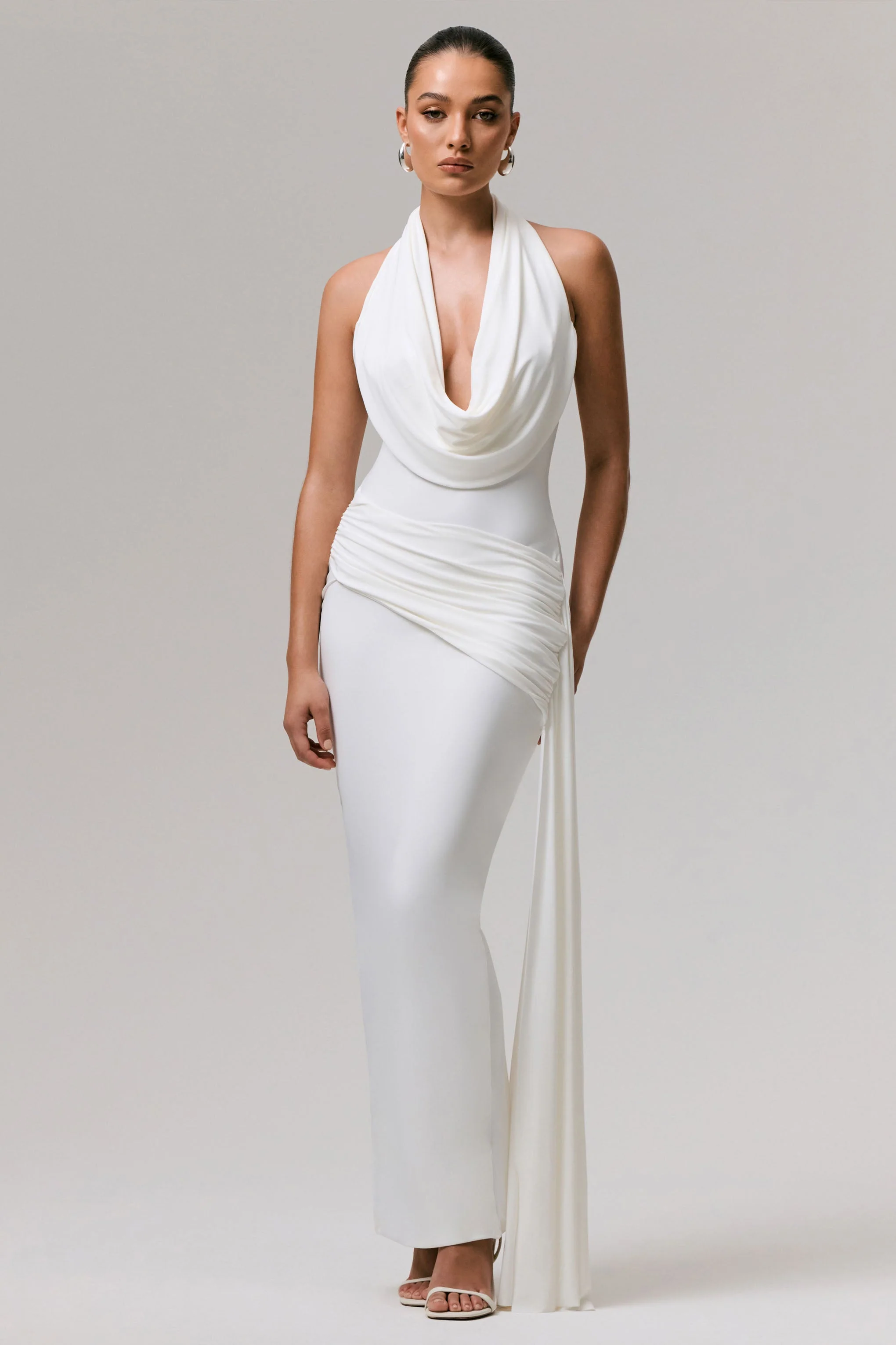 White Plunge-Neck Ruched Maxi Dress With Sash