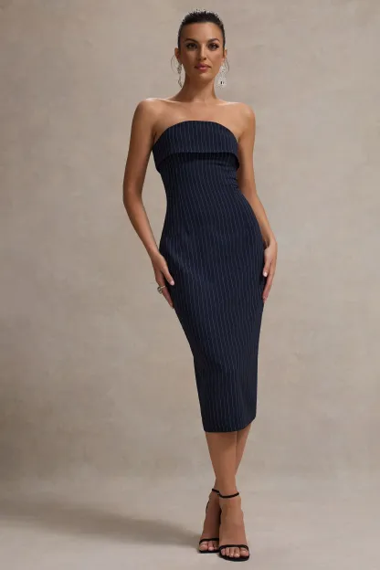 Navy Pinstripe Strapless Midi Dress