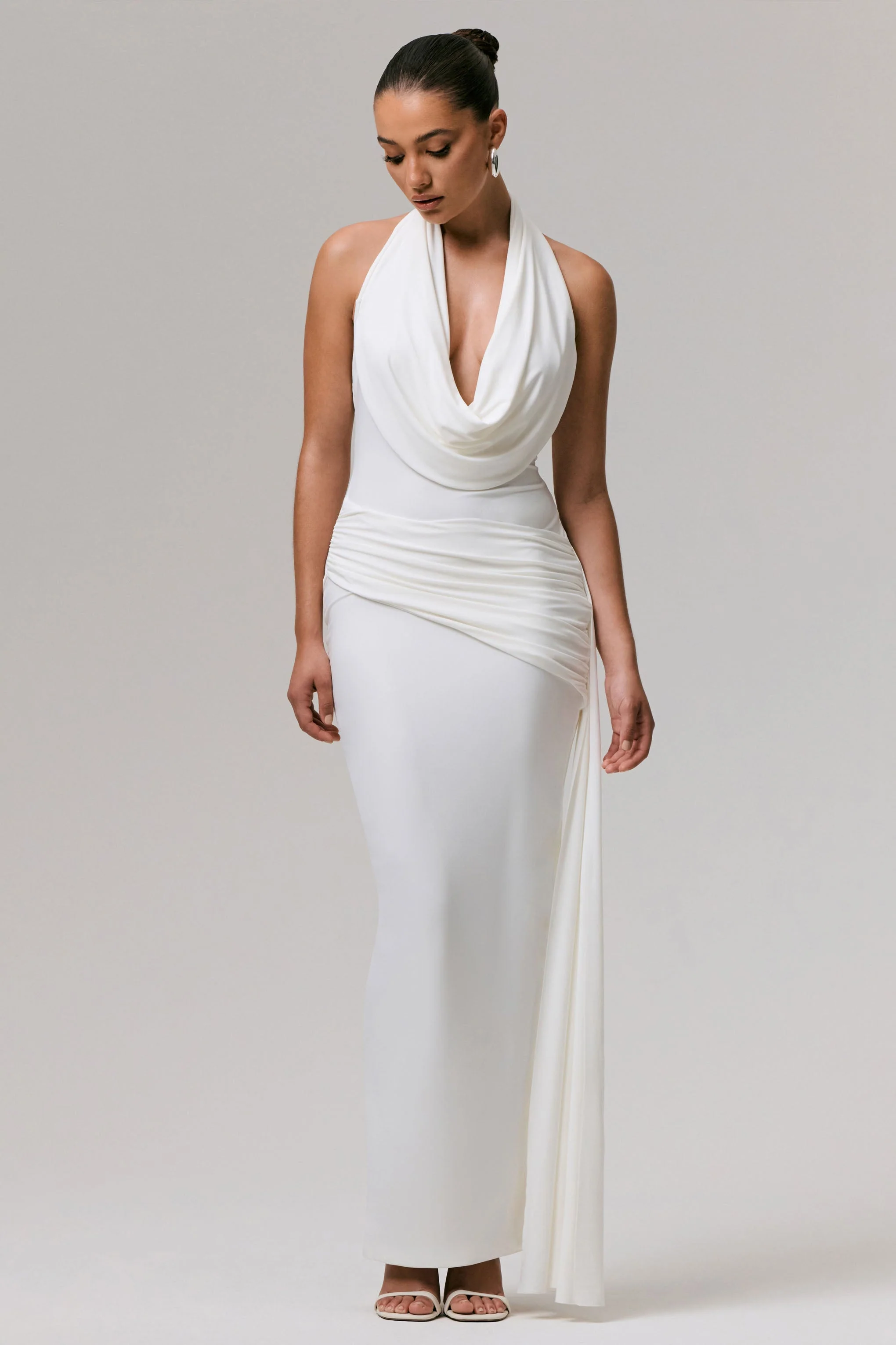 White Plunge-Neck Ruched Maxi Dress With Sash