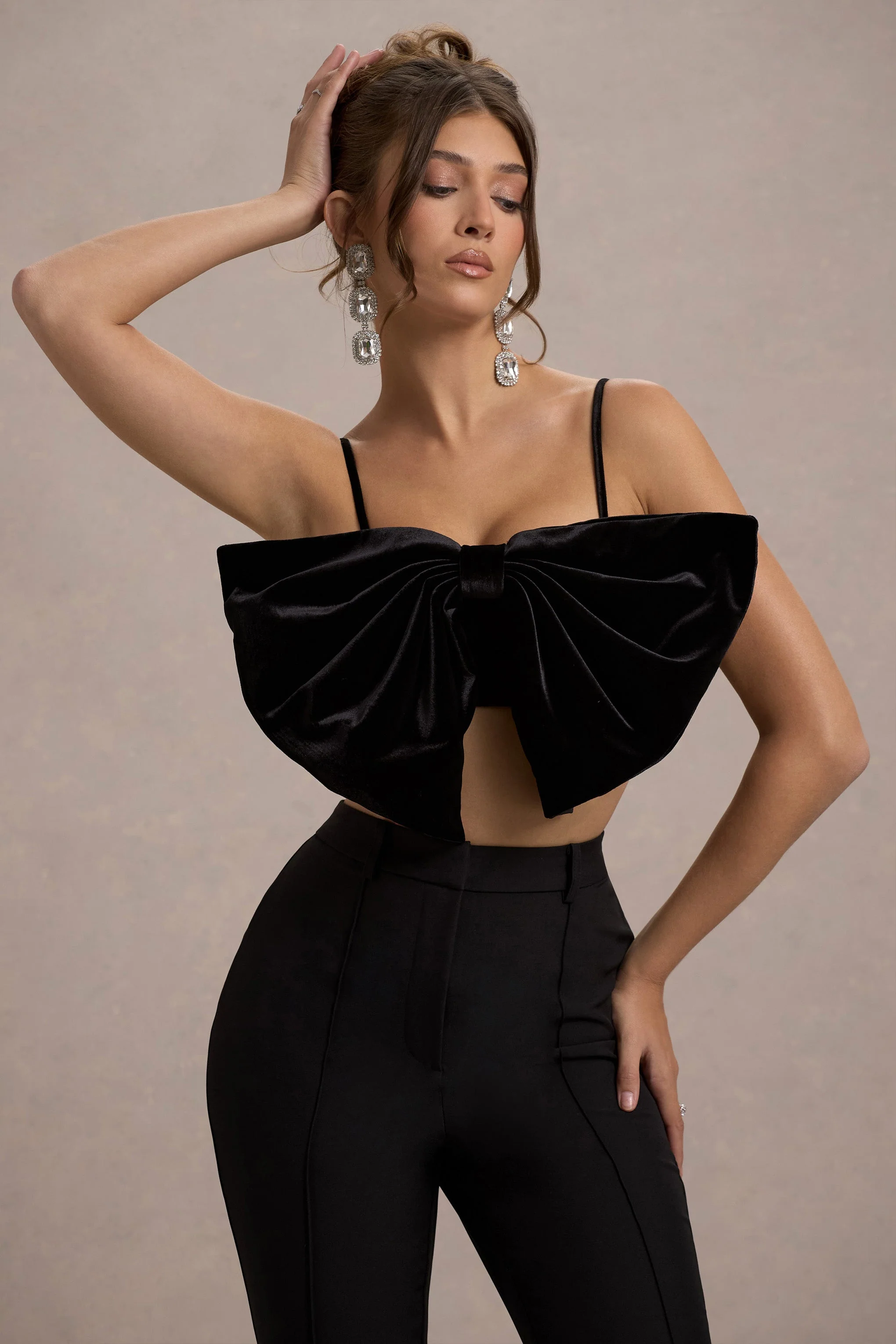 Black Velvet Strappy Bow Crop Top