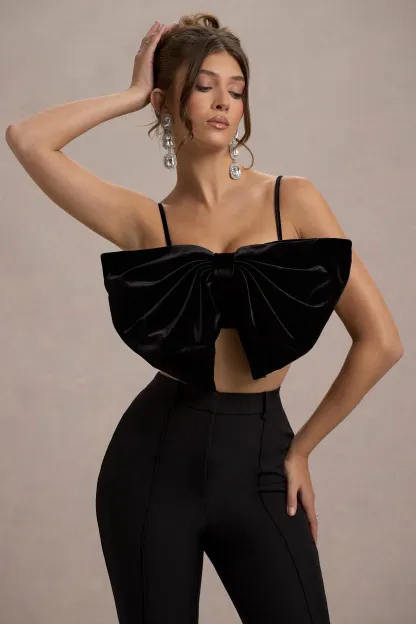 Black Velvet Strappy Bow Crop Top