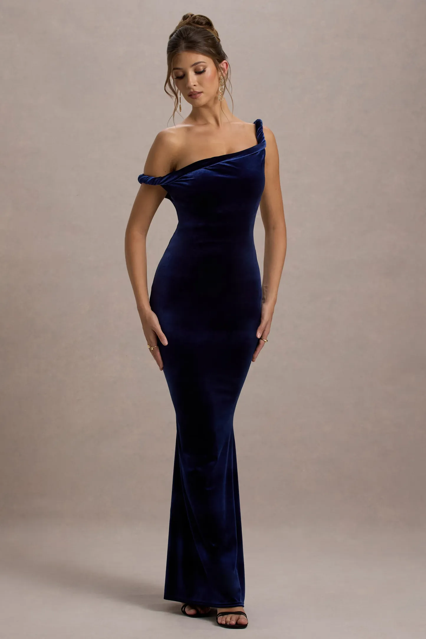 Navy Velvet Twisted Asymmetric Maxi Dress