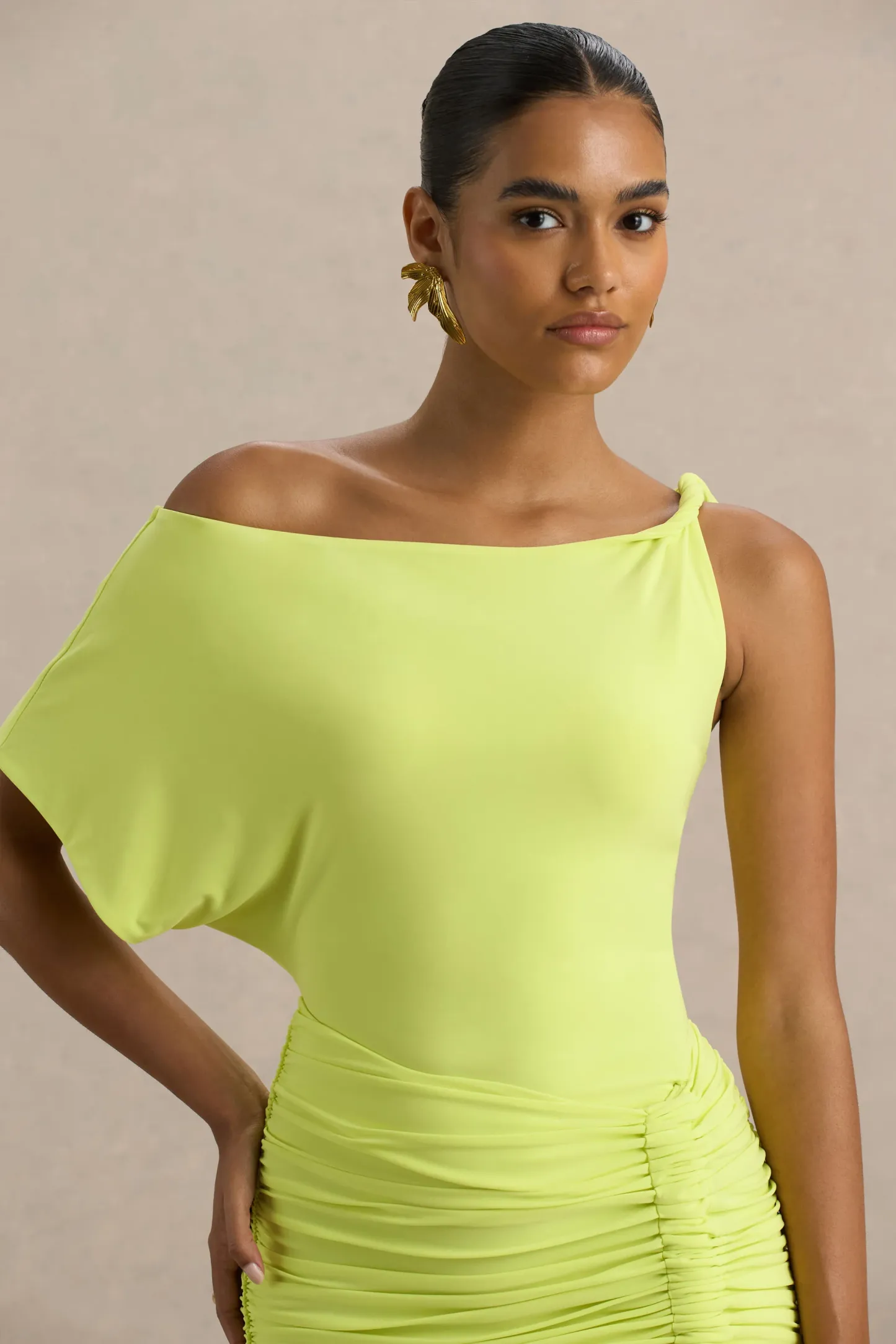 Lime Green Asymmetric Ruched Mini Dress With Sash