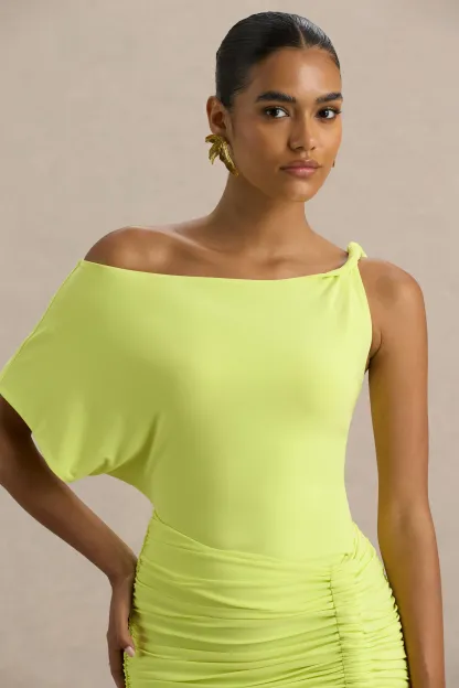 Lime Green Asymmetric Ruched Mini Dress With Sash