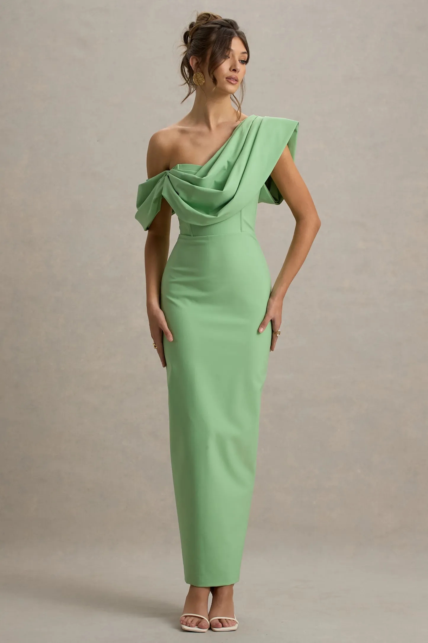 Green Draped Shoulder Maxi Dress
