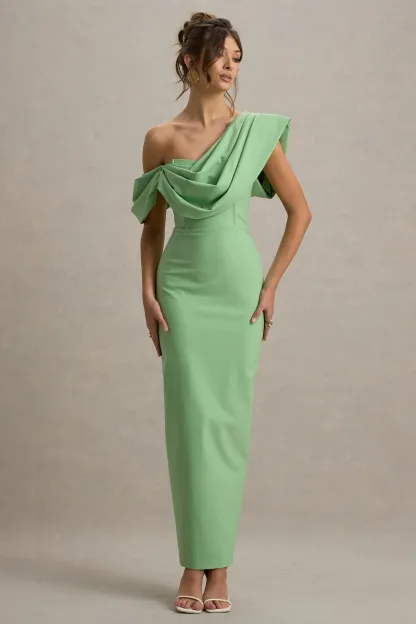 Green Draped Shoulder Maxi Dress