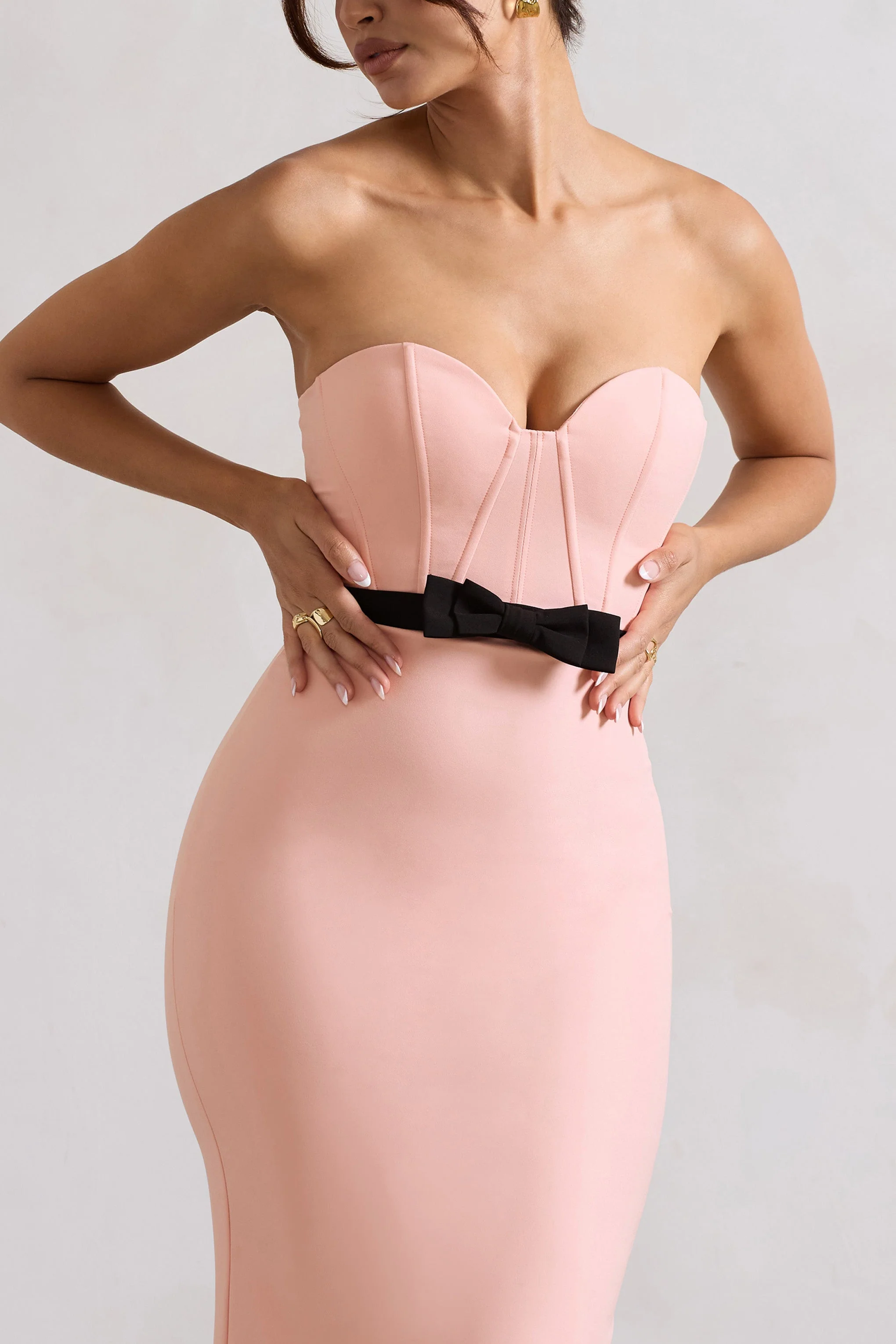 Pink Structured Strapless Corset Maxi Dress With Bow