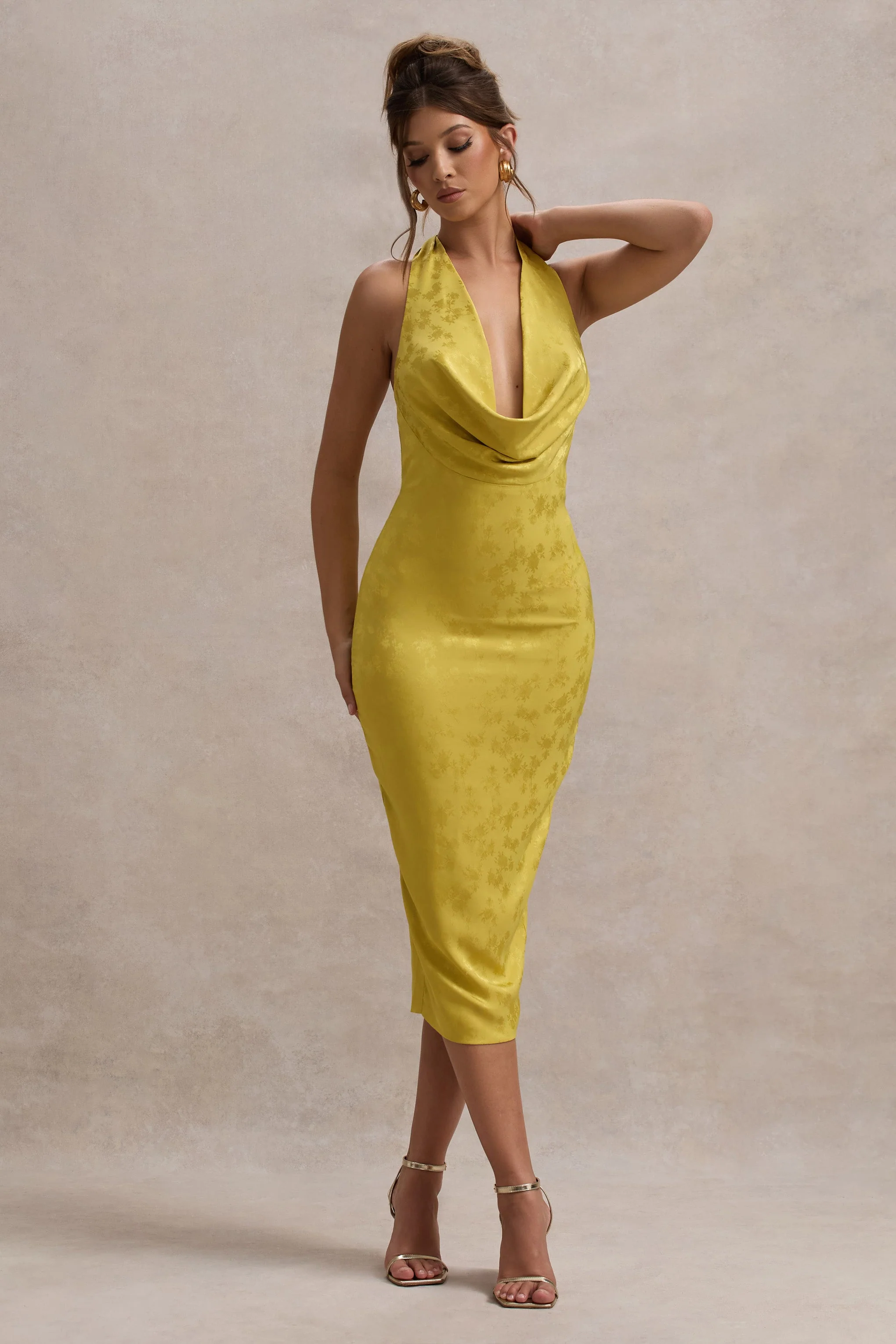 Mustard Satin Jacquard Cowl-Neck Midi Dress
