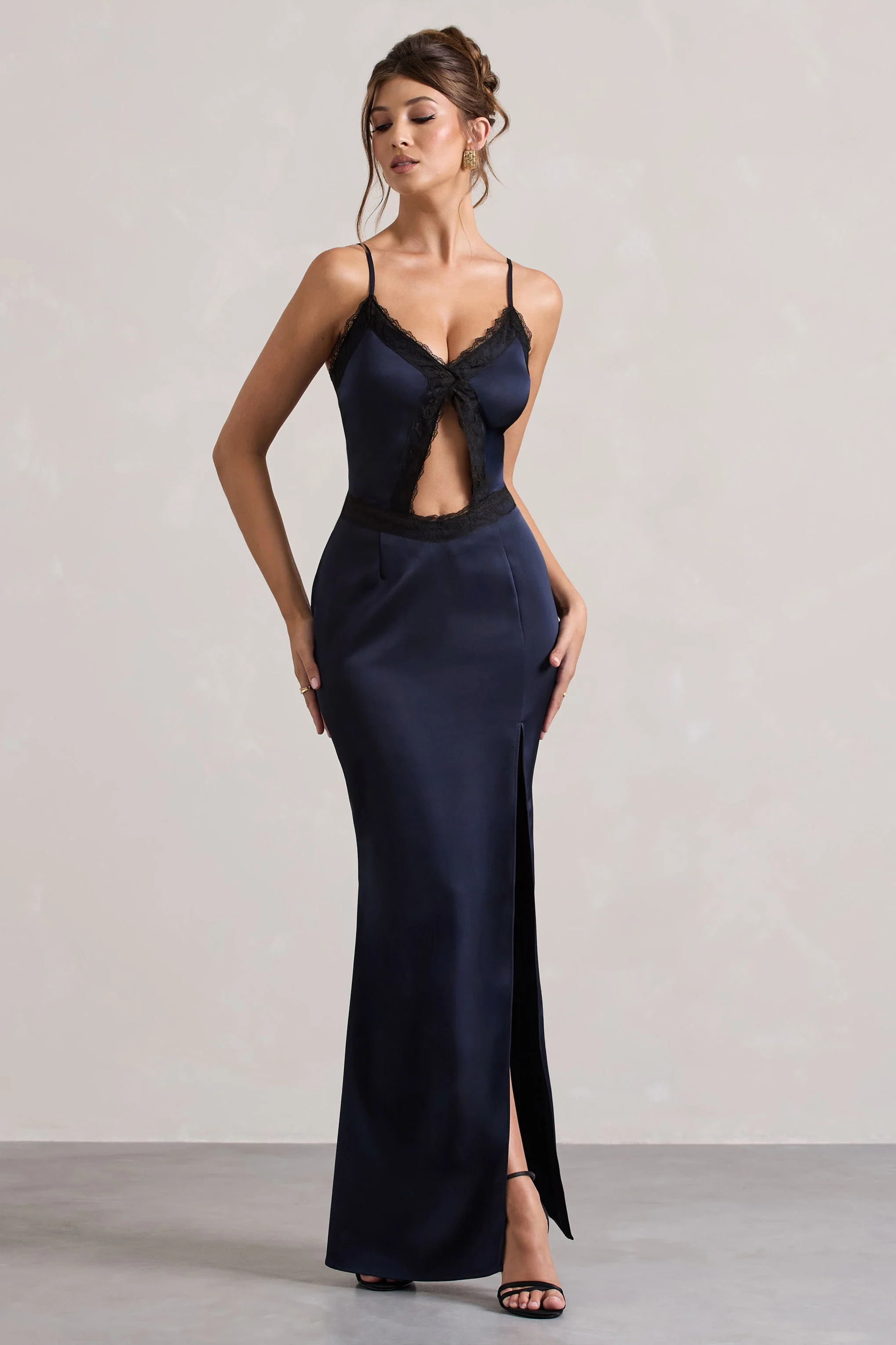 Navy Satin Cut-Out Maxi Dress With Lace Trim