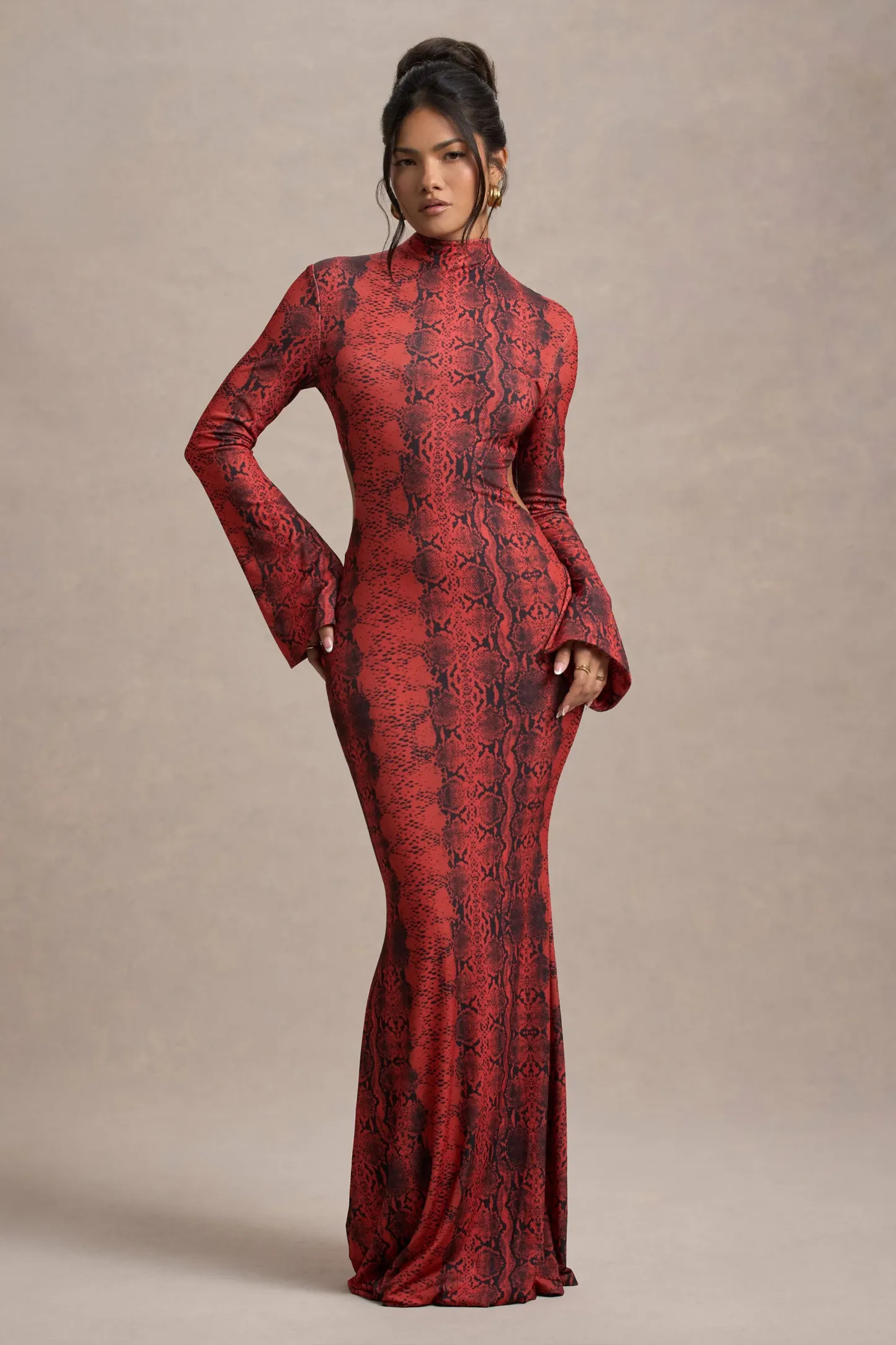 Red Snake Print High-Neck Cut-Out Maxi Dress