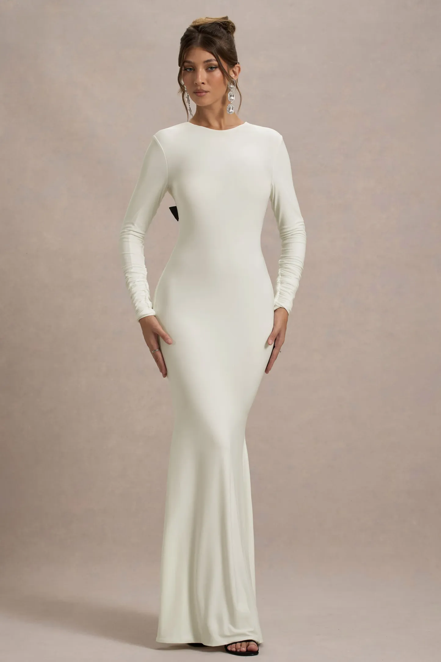 Cream Long-Sleeve Cowl-Back Maxi Dress With Bows