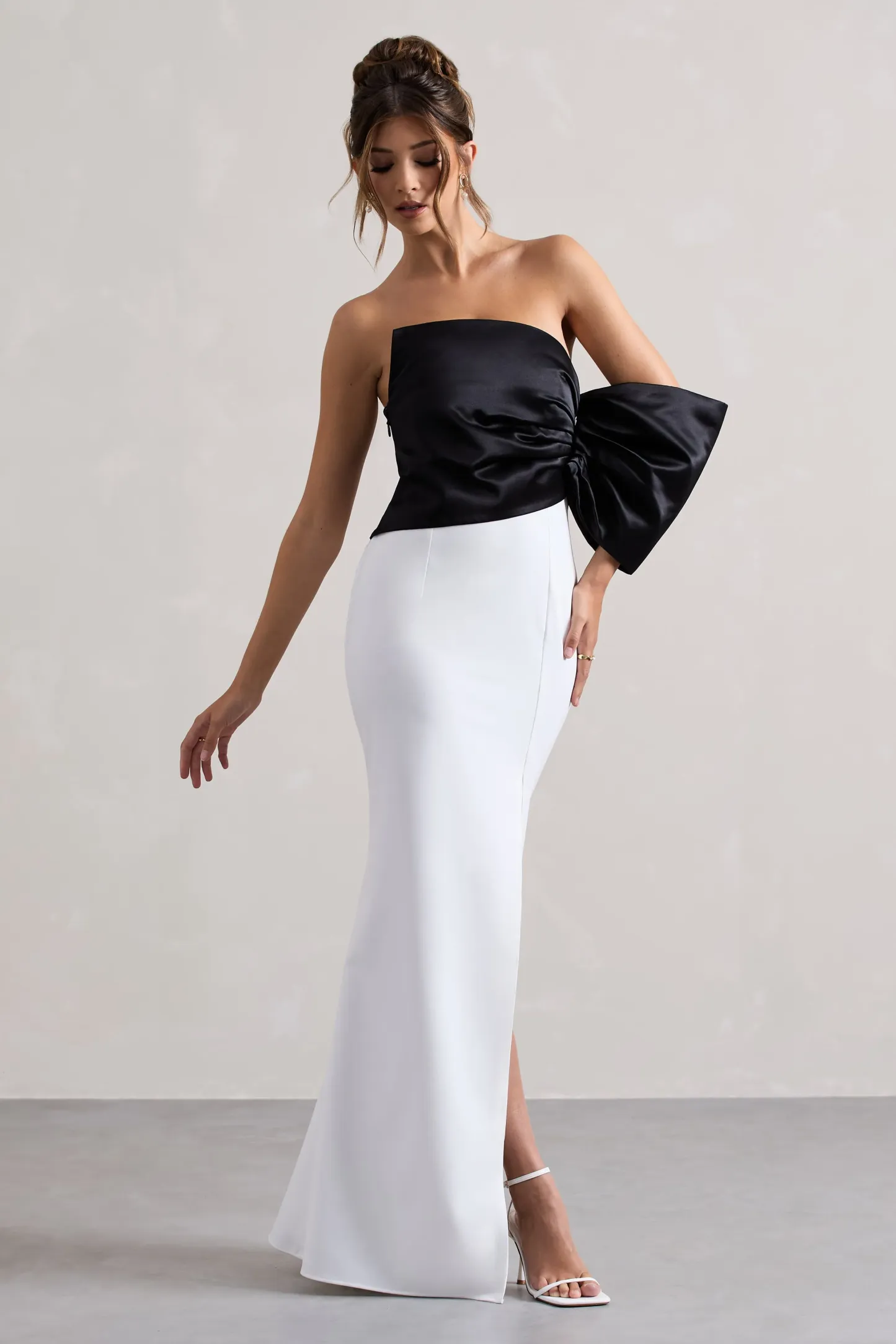 Black & White Asymmetric One-Sleeve Split Maxi Dress