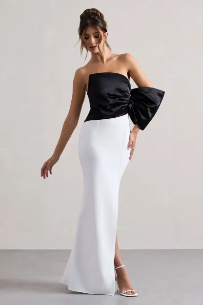 Black & White Asymmetric One-Sleeve Split Maxi Dress