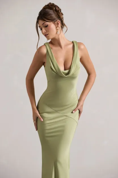 Light Olive Satin Cowl-Neck Maxi Dress