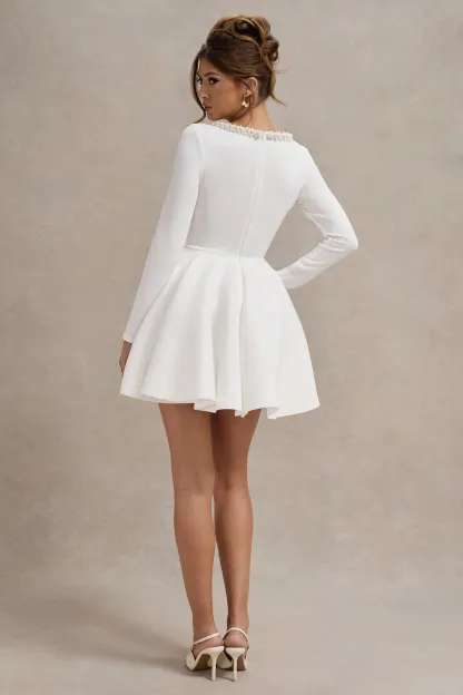 White Square-Neck Long-Sleeve Skater Mini Dress