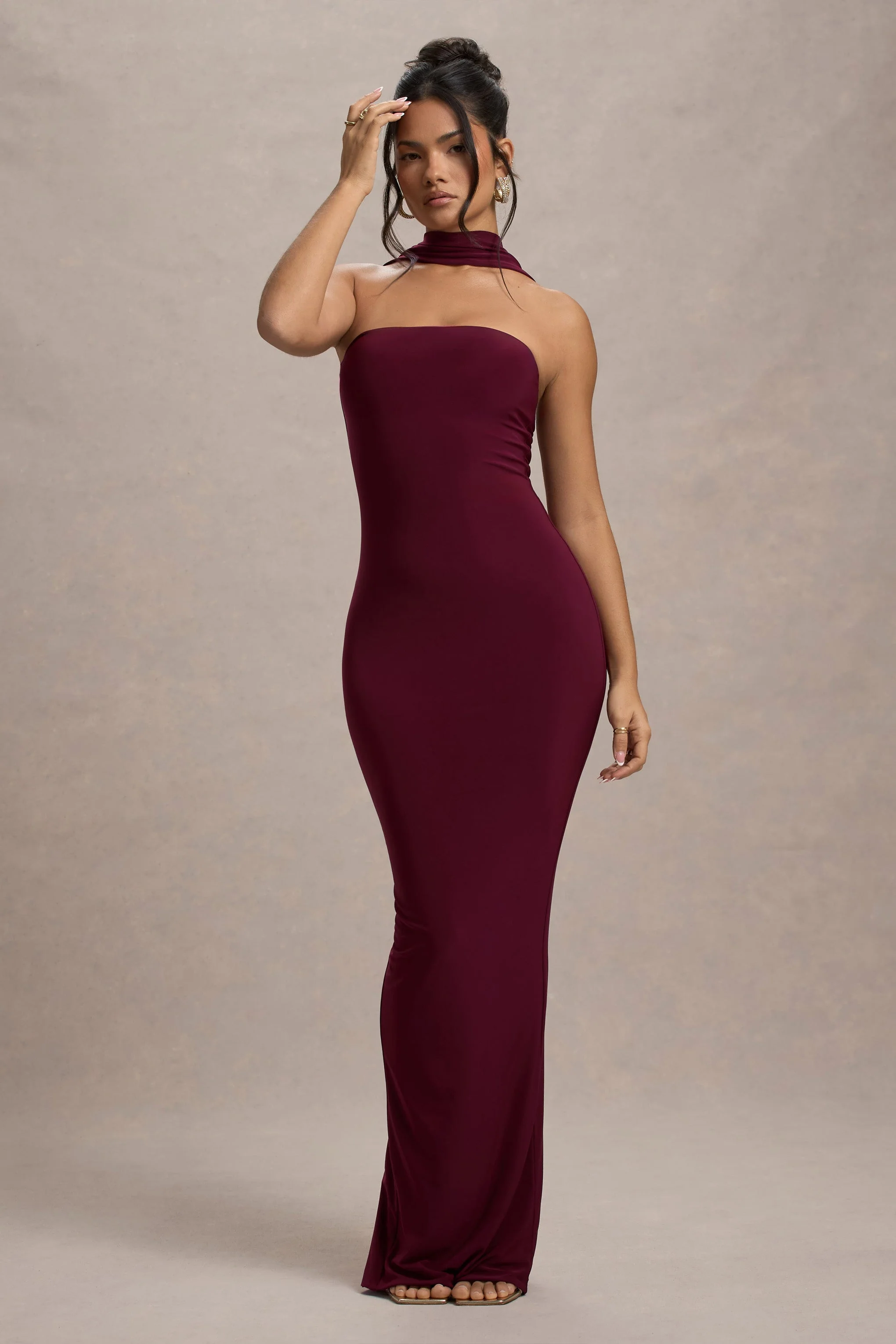Burgundy Bandeau Maxi Dress With Halter-Collar
