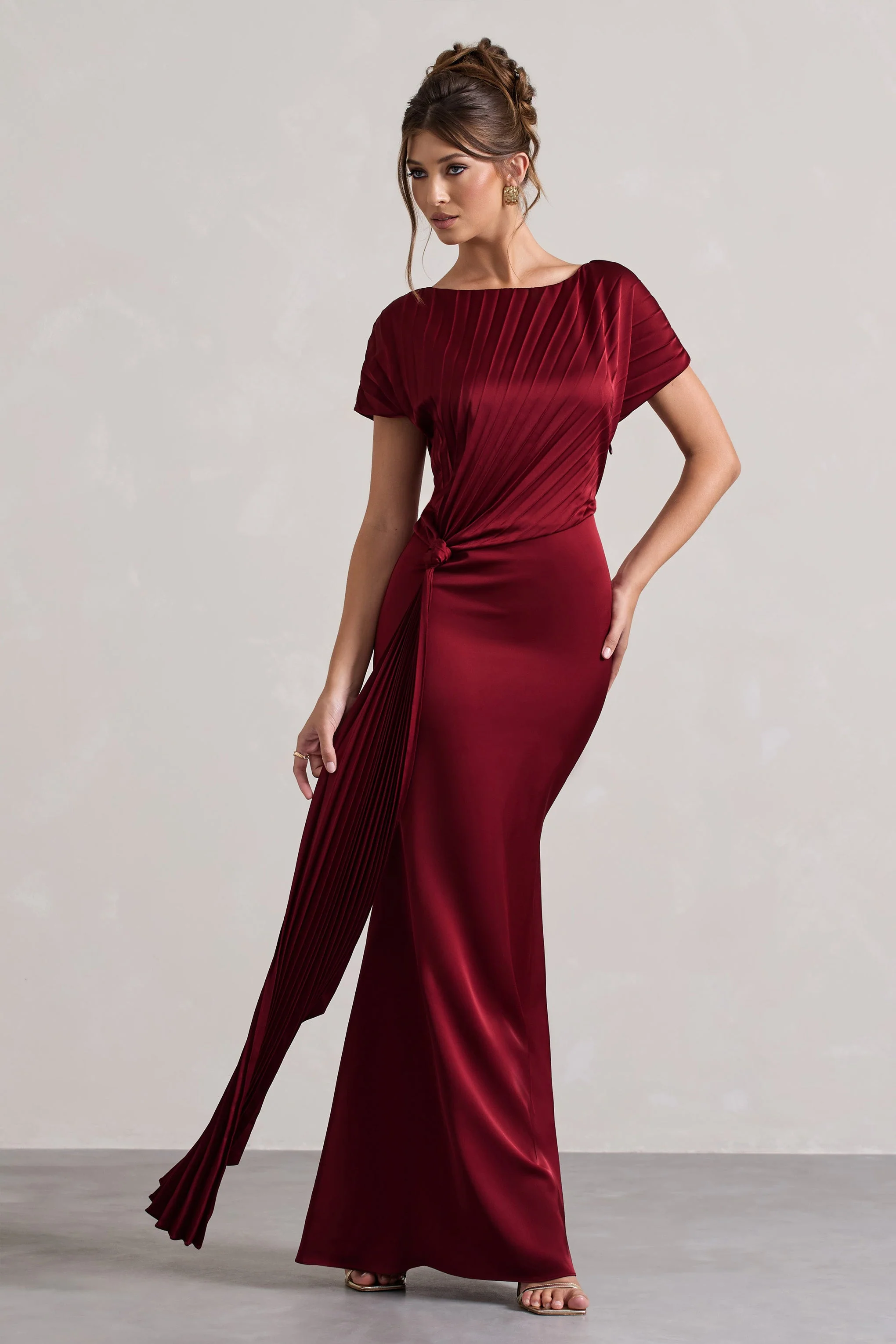 Berry Satin Pleated Maxi Dress With Drape