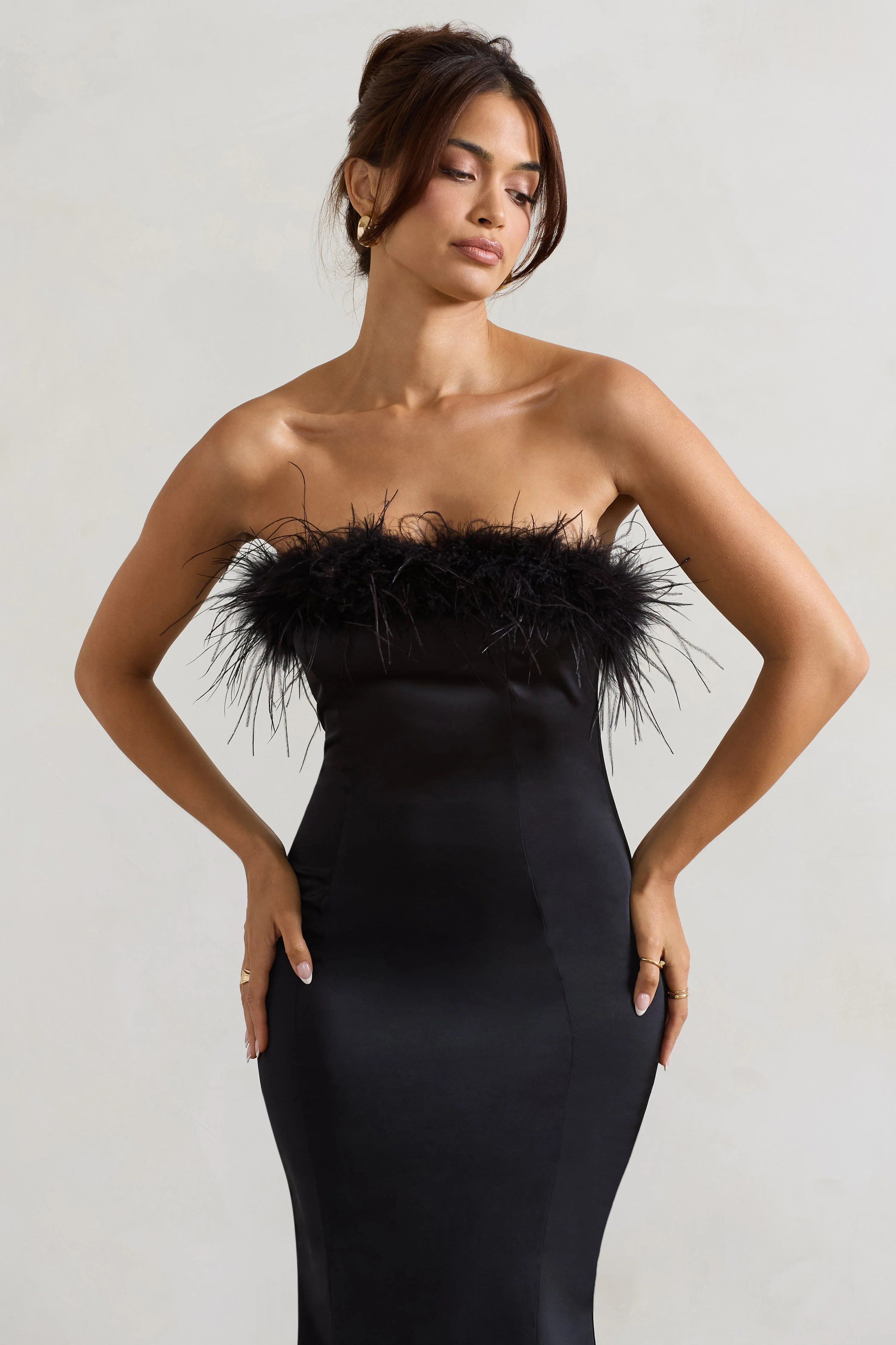 Black Satin Feather Trim Bandeau Midi Dress