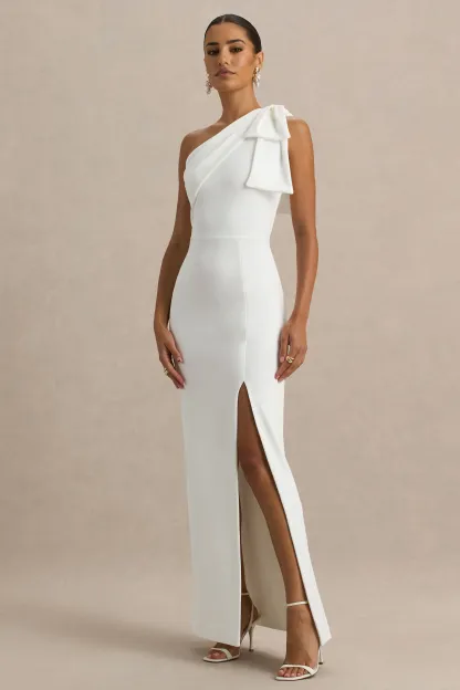 White One-Shoulder Bow Maxi Dress